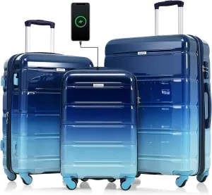 Merax 3 Luggage Sets, ABS Hardshell Suitcase Spinner Wheels with USB Port, Blue and Navy, 20/24/28 Inch
