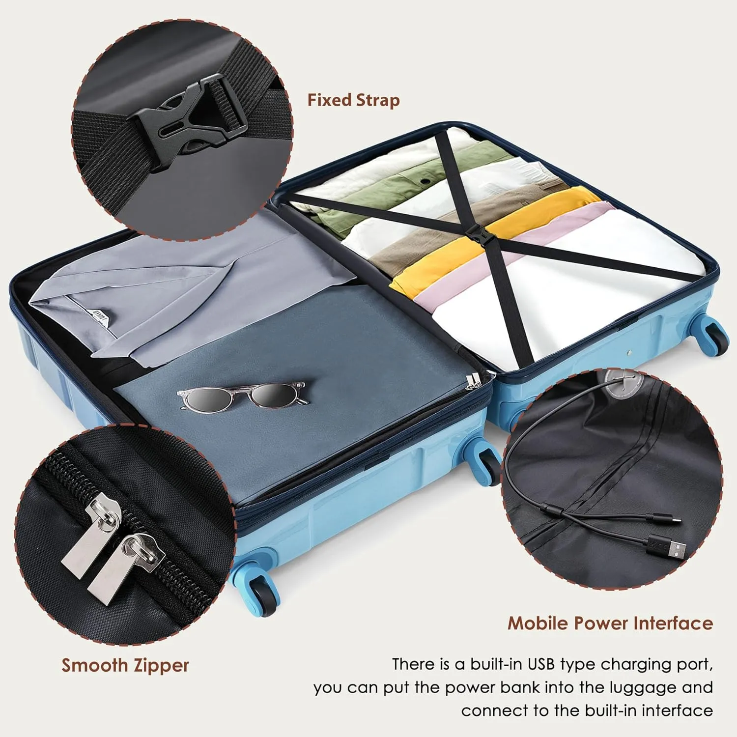 Merax 3 Luggage Sets, ABS Hardshell Suitcase Spinner Wheels with USB Port TSA Lock, Blue and Navy, 20/24/28 Inch