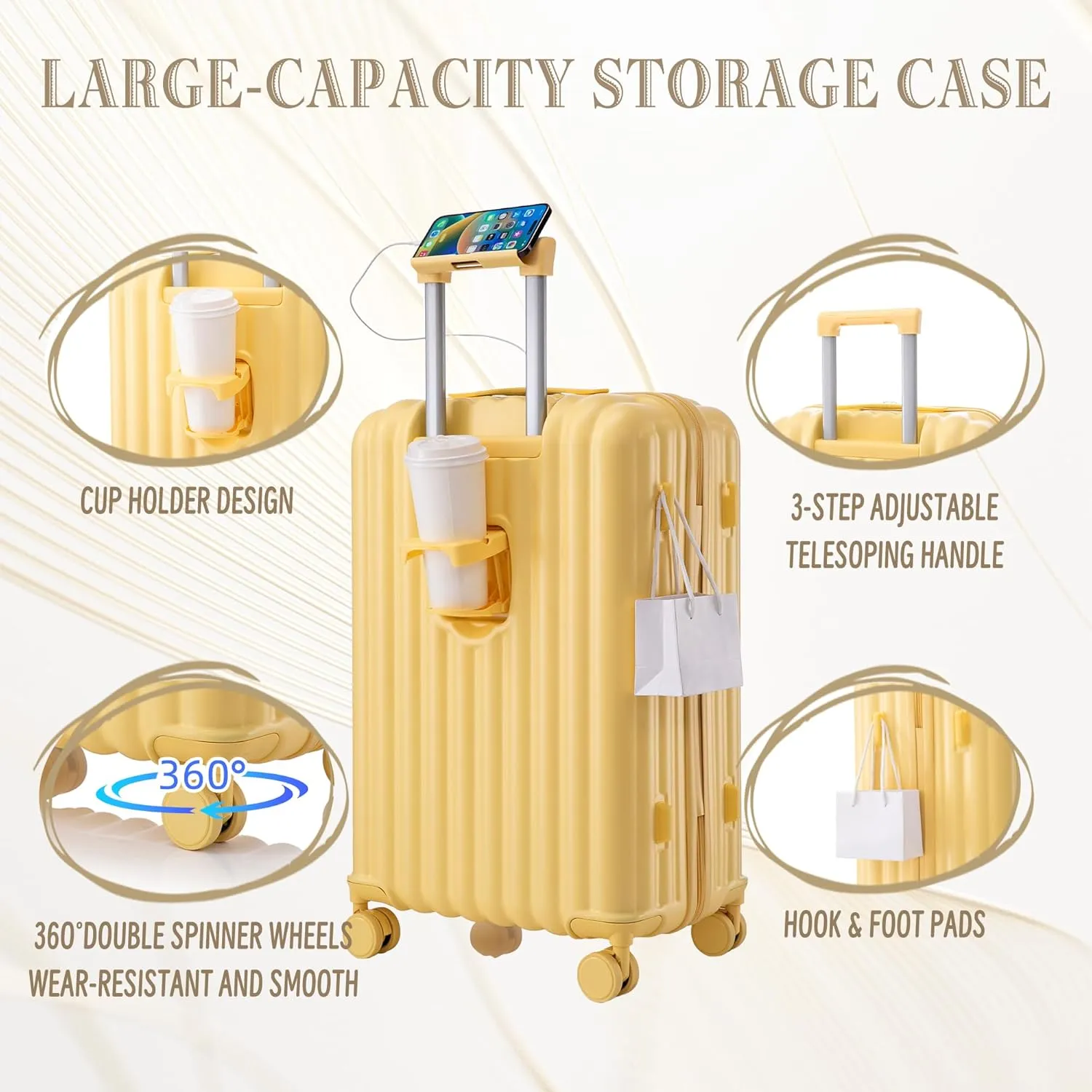 Merax 3 Luggage Sets, ABS Hardshell Suitcases Spinner Wheel with Combination Lock, Vertical Stripes Yellow, 20/24/28 Inch
