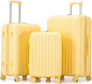 Merax 3 Luggage Sets, ABS Hardshell Suitcases Spinner Wheel with Combination Lock, Vertical Stripes Yellow, 20/24/28 Inch