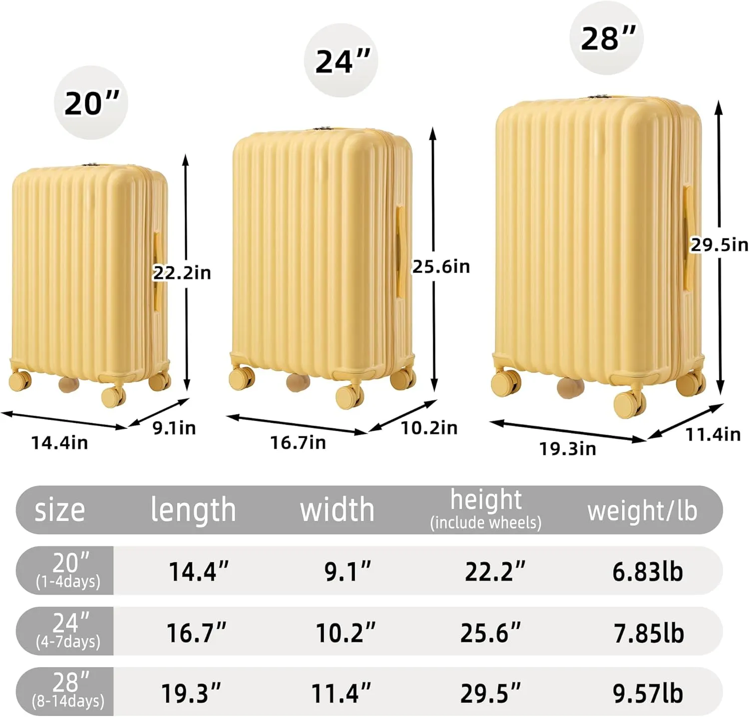 Merax 3 Luggage Sets, ABS Hardshell Suitcases Spinner Wheel with Combination Lock, Vertical Stripes Yellow, 20/24/28 Inch