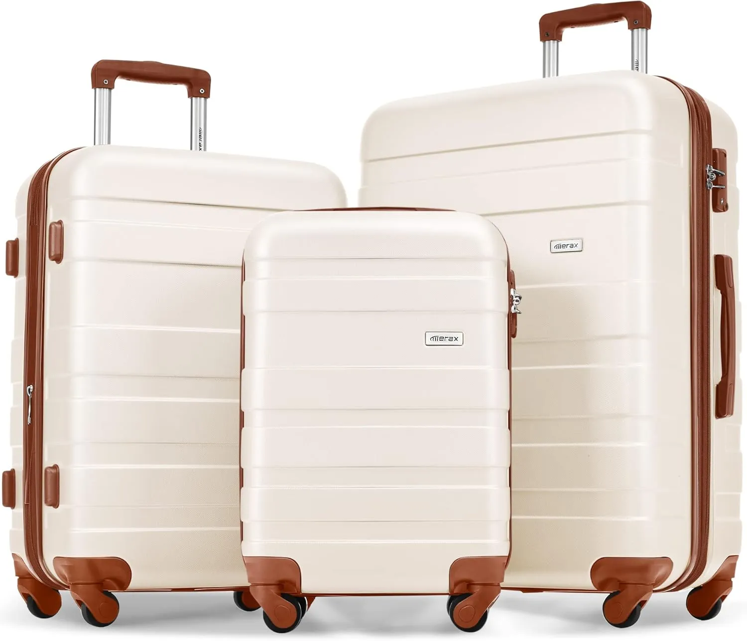 Merax 3 Luggage Sets, Durable Lightweight Hardshell Spinner Wheels with Combination Lock, Ivory Horizontal Stripe, 20/24/28 Inch