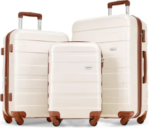 Merax 3 Luggage Sets, Durable Lightweight Hardshell Spinner Wheels with Combination Lock, Ivory Horizontal Stripe, 20/24/28 Inch