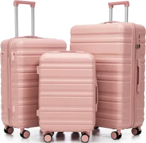 Merax 3-Piece ABS Hardshell Luggage Set – Lightweight, Tough & Scratch-Resistant, Pink Horizontal Stripe, 20/24/28 Inch