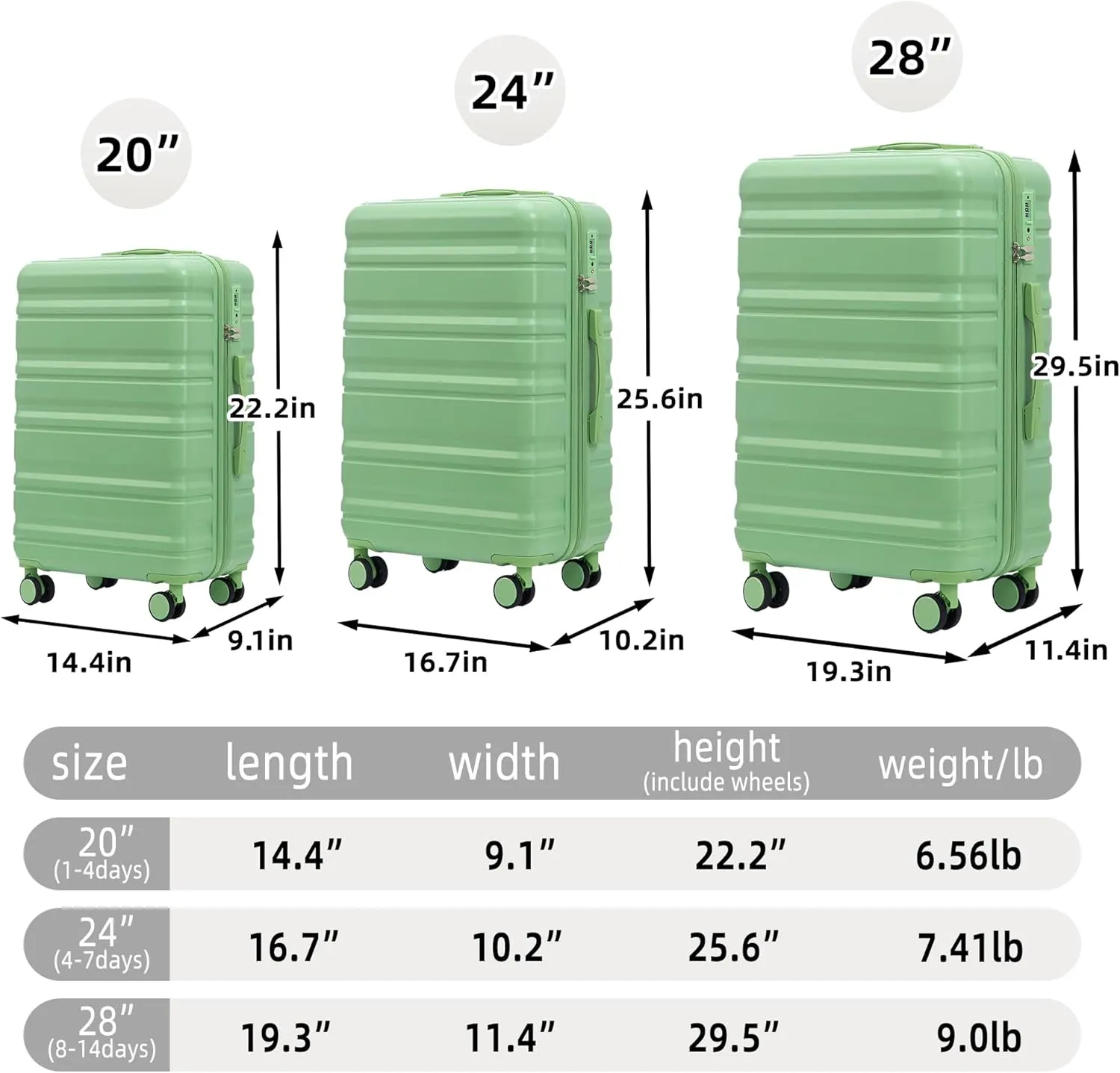 Merax 3 Piece ABS Hardshell Suitcase Set – Lightweight, Tough & Scratch-Resistant, Green Horizontal Stripe, 20/24/28 Inch