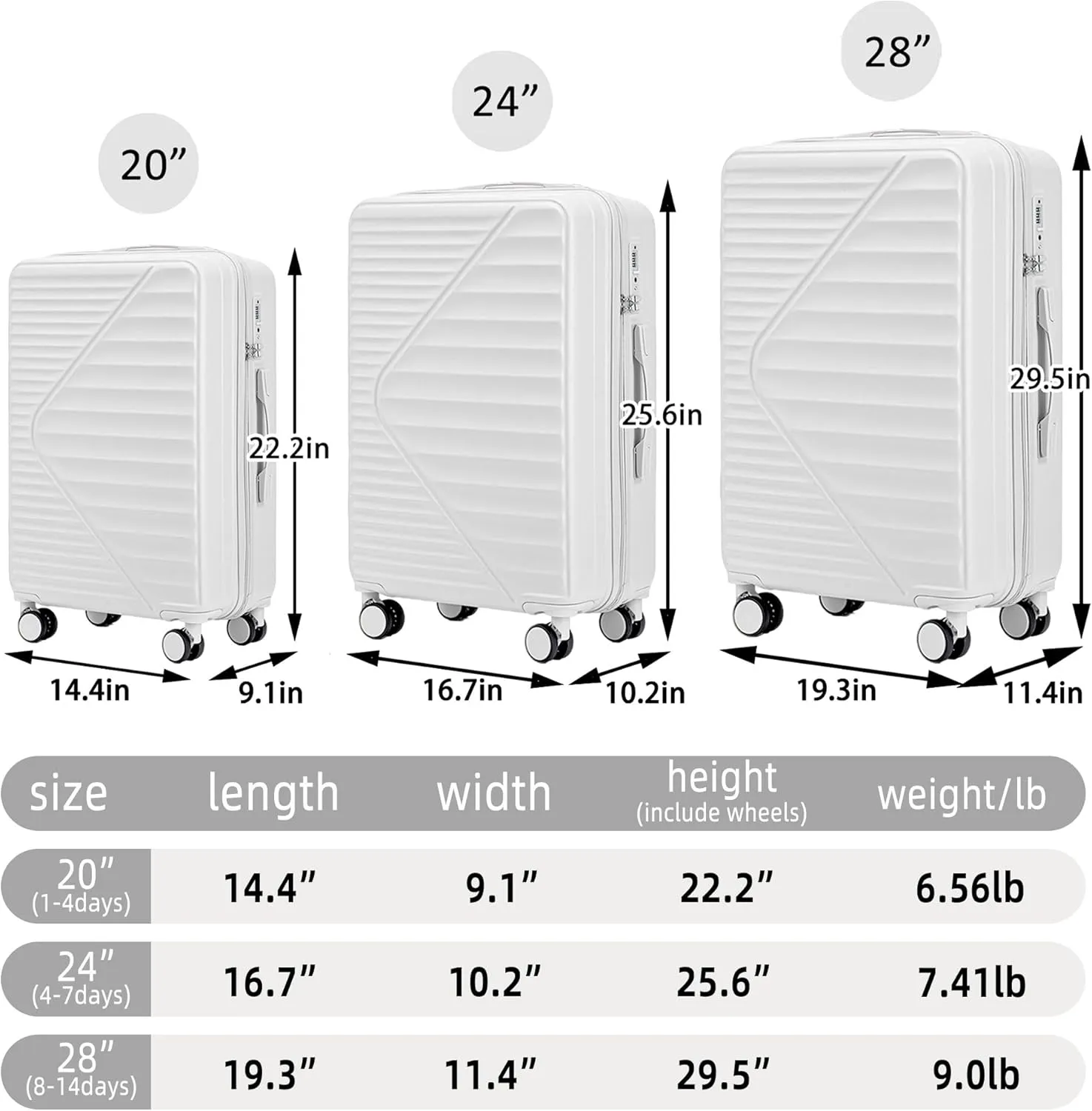 Merax 3-Piece ABS Hardshell Suitcase Sets – Lightweight, Tough & Scratch-Resistant, White Horizontal Stripe, 20/24/28 Inch