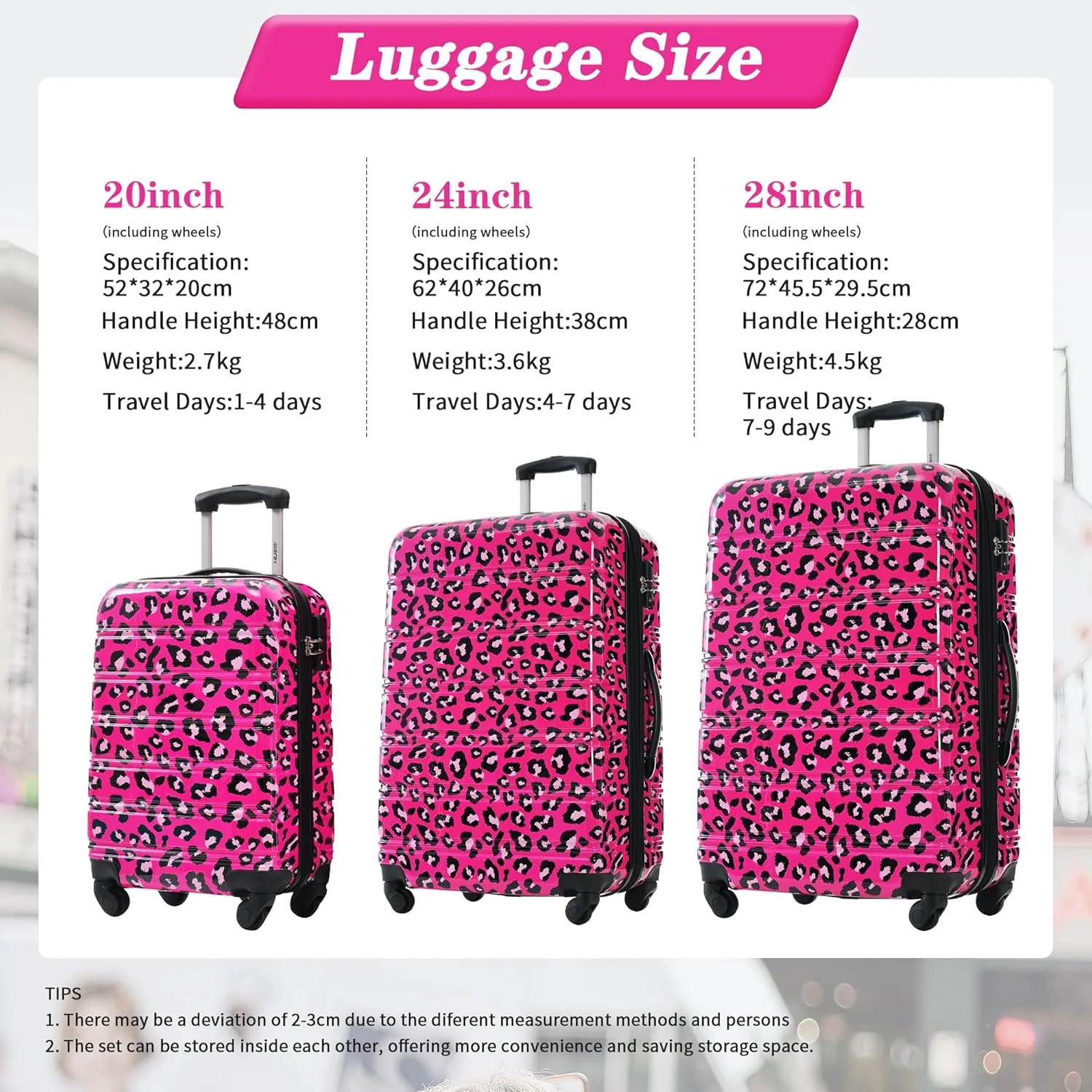 Merax 3 Piece Luggage Sets, Hardside Expandable Luggages Spinner Leopard Suitcase with TSA Lock Lightweight Rolling Carry on Luggage 20inch 24inch 28inch, Hot Pink Leopard
