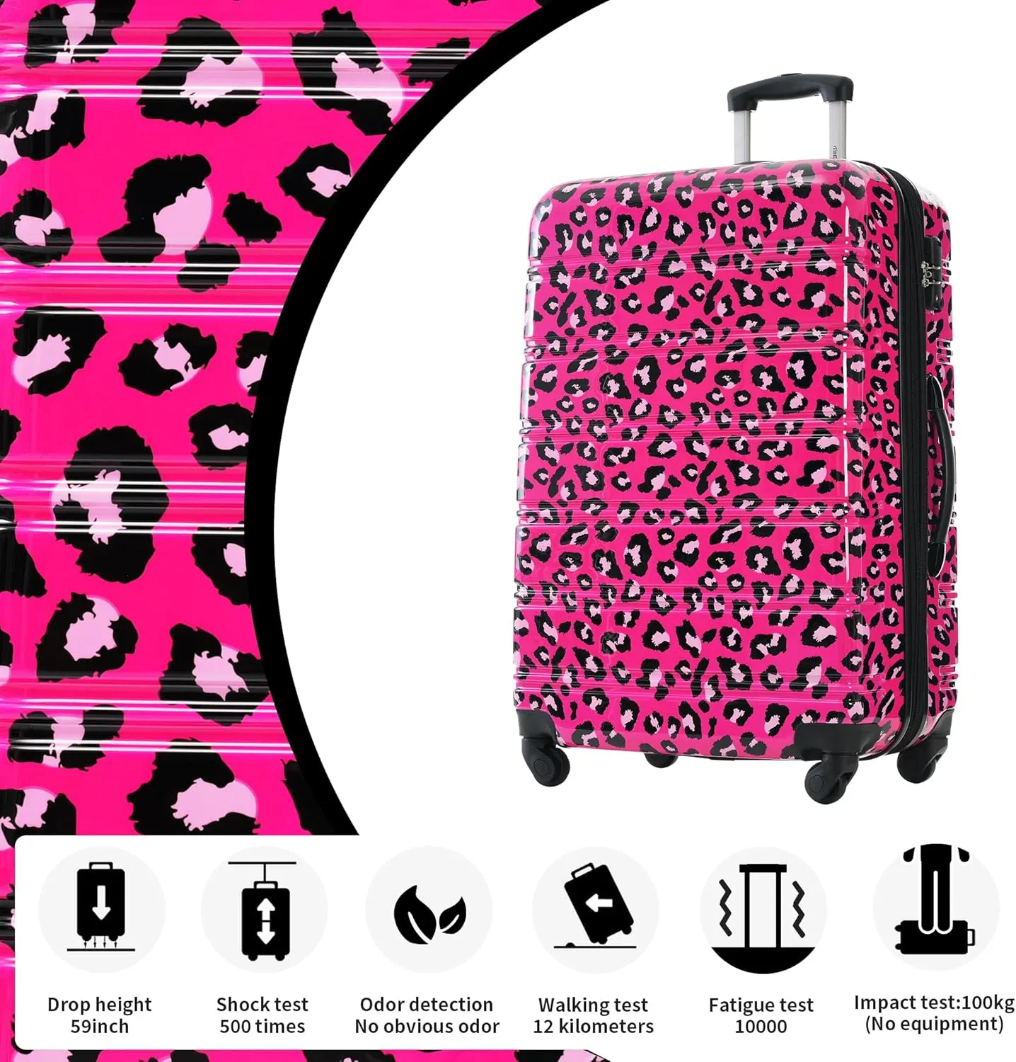 Merax 3 Piece Luggage Sets, Hardside Expandable Luggages Spinner Leopard Suitcase with TSA Lock Lightweight Rolling Carry on Luggage 20inch 24inch 28inch, Hot Pink Leopard