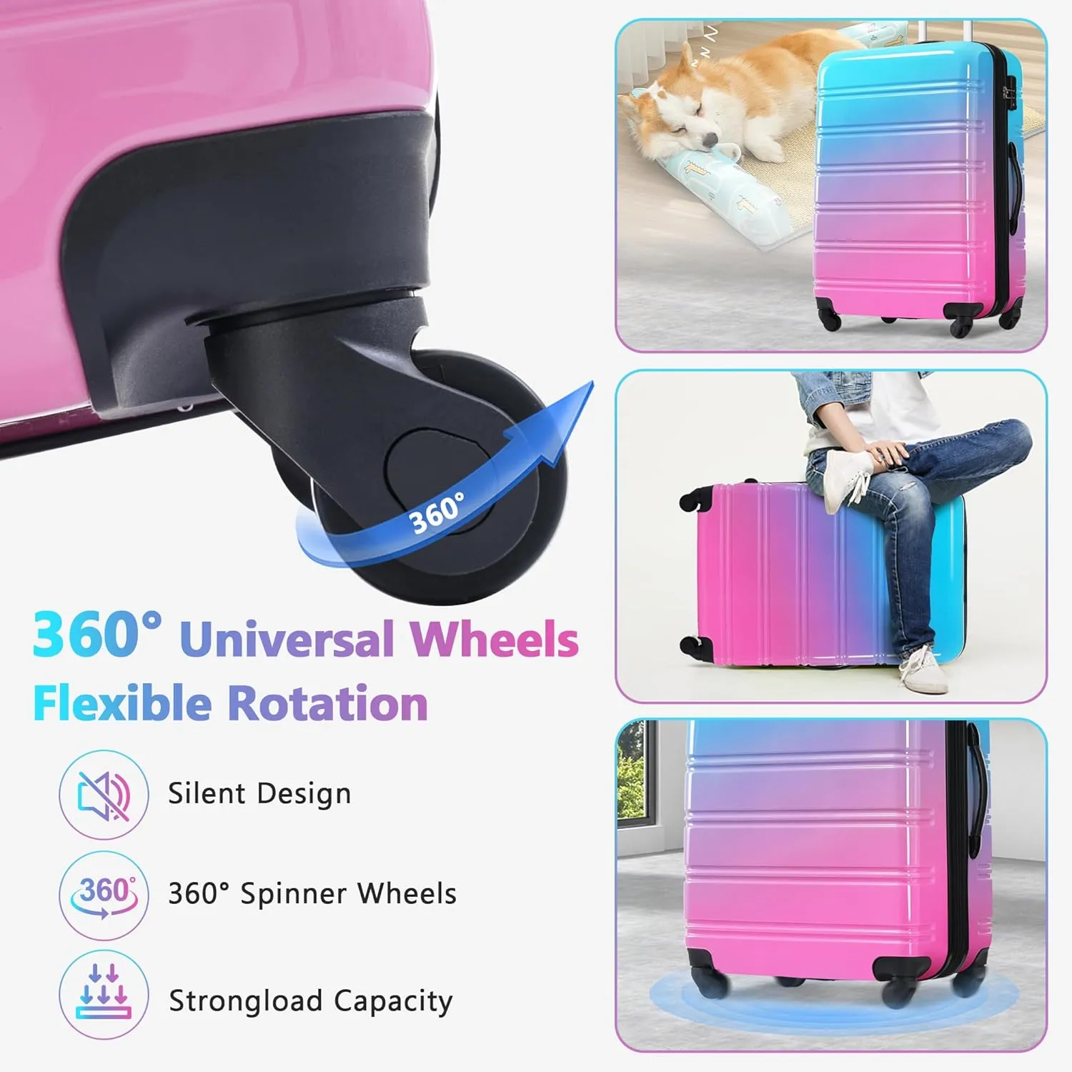 Merax 3 Piece Luggage Sets, Hardside Expandable Luggages Spinner Multicolor Suitcase with TSA Lock Lightweight Rolling Carry on Luggage 20inch 24inch 28inch,Blue Pink