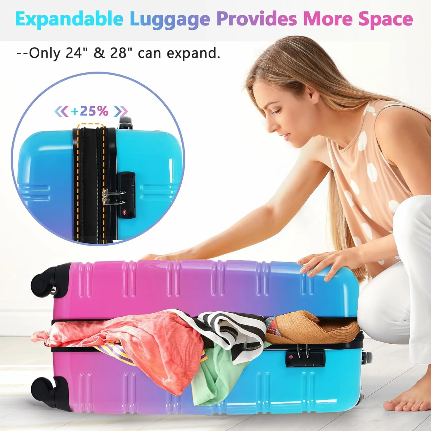 Merax 3 Piece Luggage Sets, Hardside Expandable Luggages Spinner Multicolor Suitcase with TSA Lock Lightweight Rolling Carry on Luggage 20inch 24inch 28inch,Blue Pink
