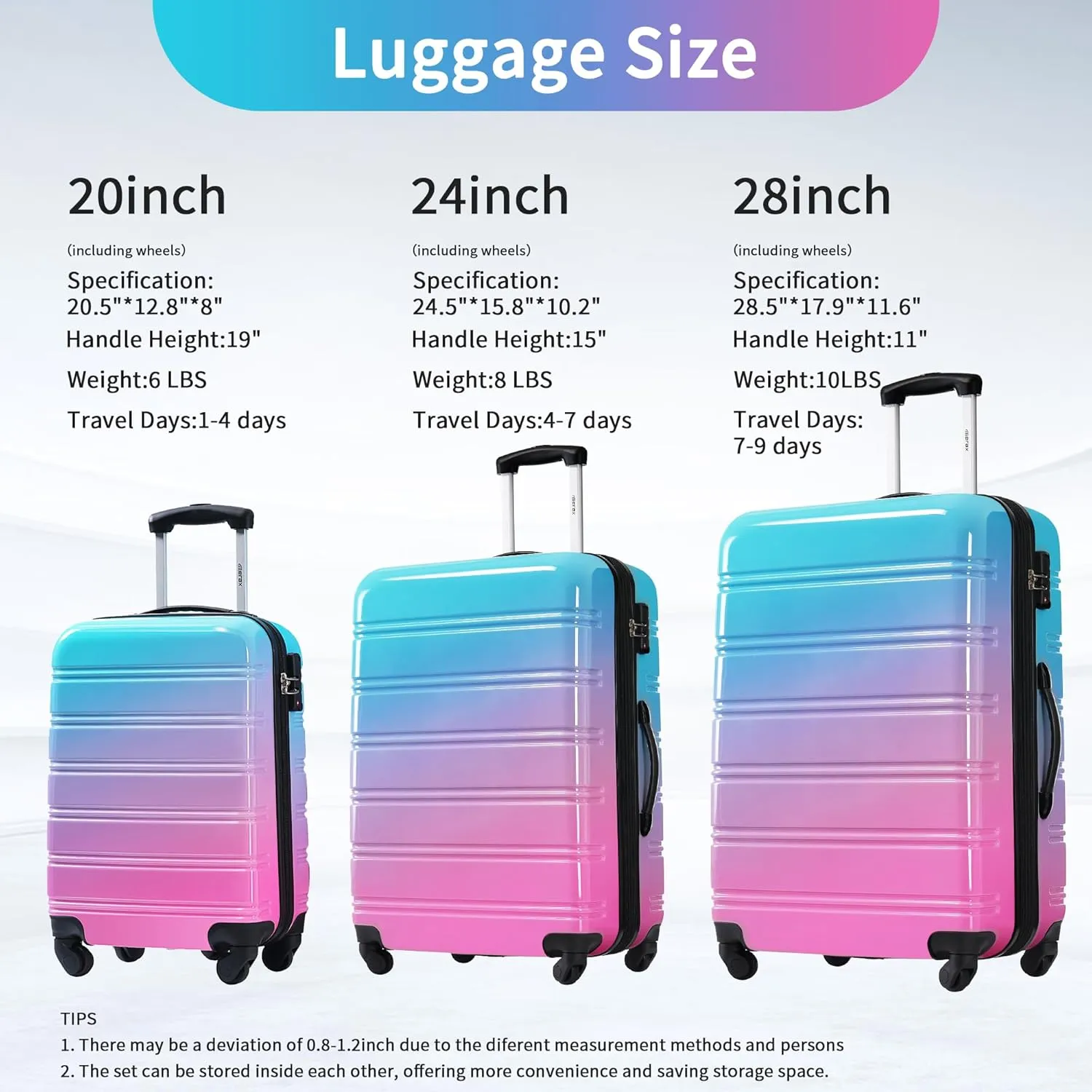 Merax 3 Piece Luggage Sets, Hardside Expandable Luggages Spinner Multicolor Suitcase with TSA Lock Lightweight Rolling Carry on Luggage 20inch 24inch 28inch,Blue Pink