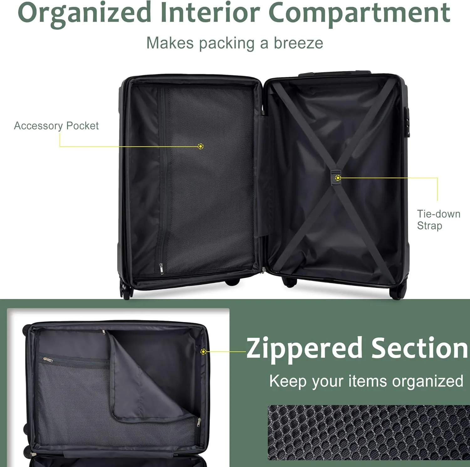 Merax Hardshell Luggage Sets 3 Piece Set 20" Carry-on ABS Suitcase Double Spinner Wheels with TSA Lock Suitcase set Expandable Travel Bags for Men and Women (Green, 3 Peice)