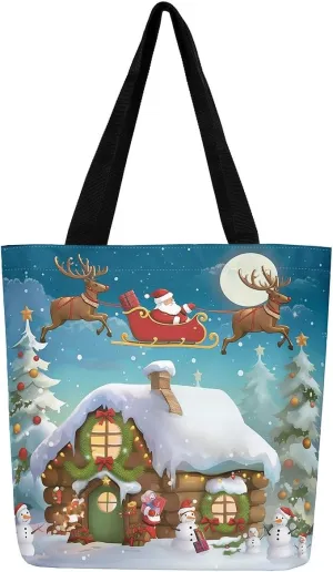Merry Christmas Canvas Tote Bag,Xmas Snowman Shoulder Handbags for Shopping Gym,Farmhouse Travel Bag