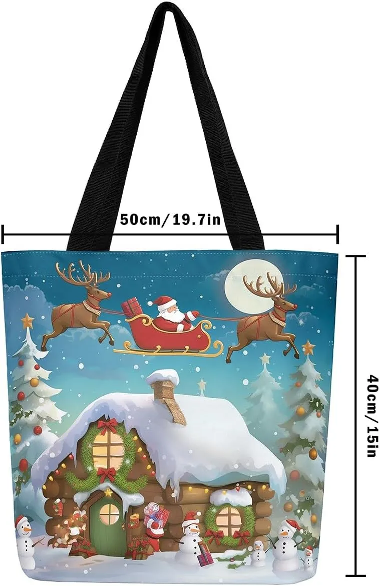 Merry Christmas Canvas Tote Bag,Xmas Snowman Shoulder Handbags for Shopping Gym,Farmhouse Travel Bag