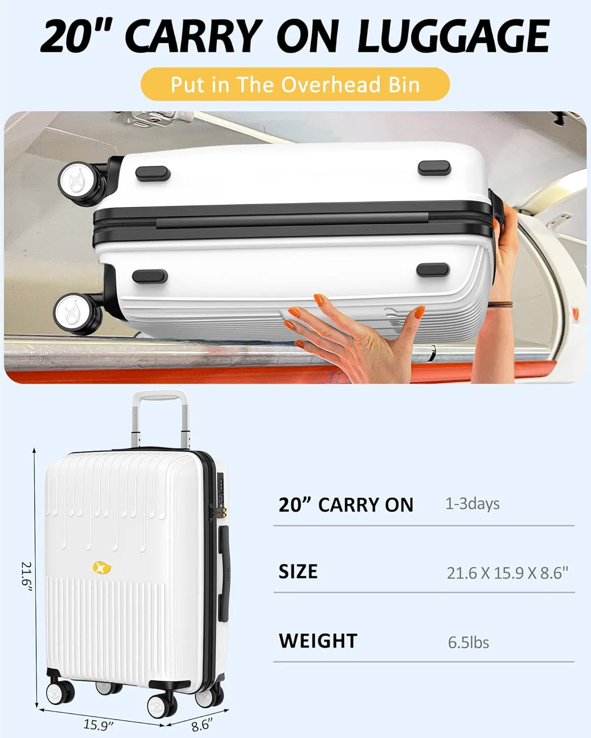 MGB 20 Inch PP Carry-on Luggage with Spinner Wheels and TSA Lock, Airline Approved Lightweight Hardside Suitcase for Travel, Hard Shell Suitcase for Men Women, 20", White
