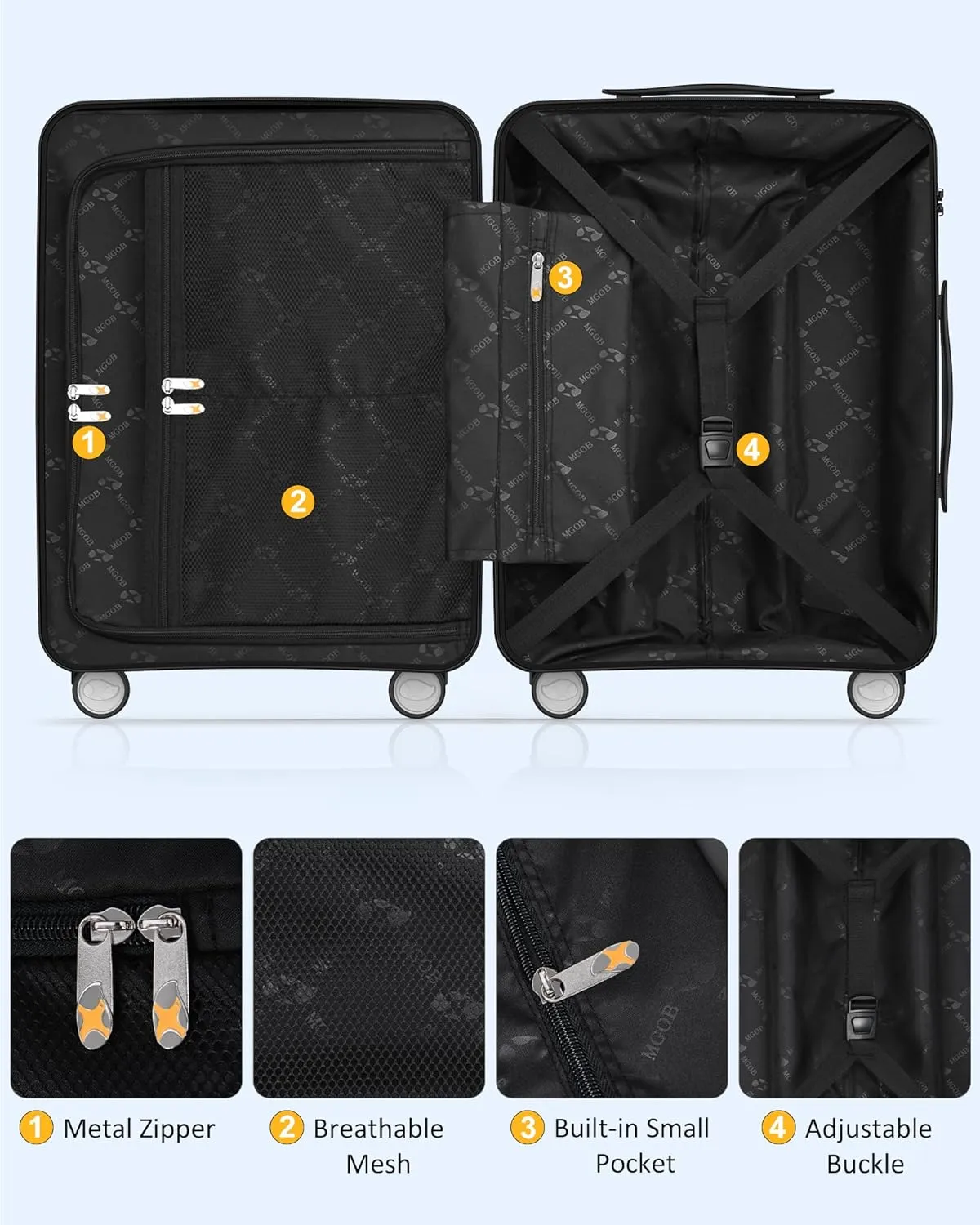 MGB 20 Inch PP Carry-on Luggage with Spinner Wheels and TSA Lock, Airline Approved Lightweight Hardside Suitcase for Travel, Hard Shell Suitcase for Men Women, 20", White