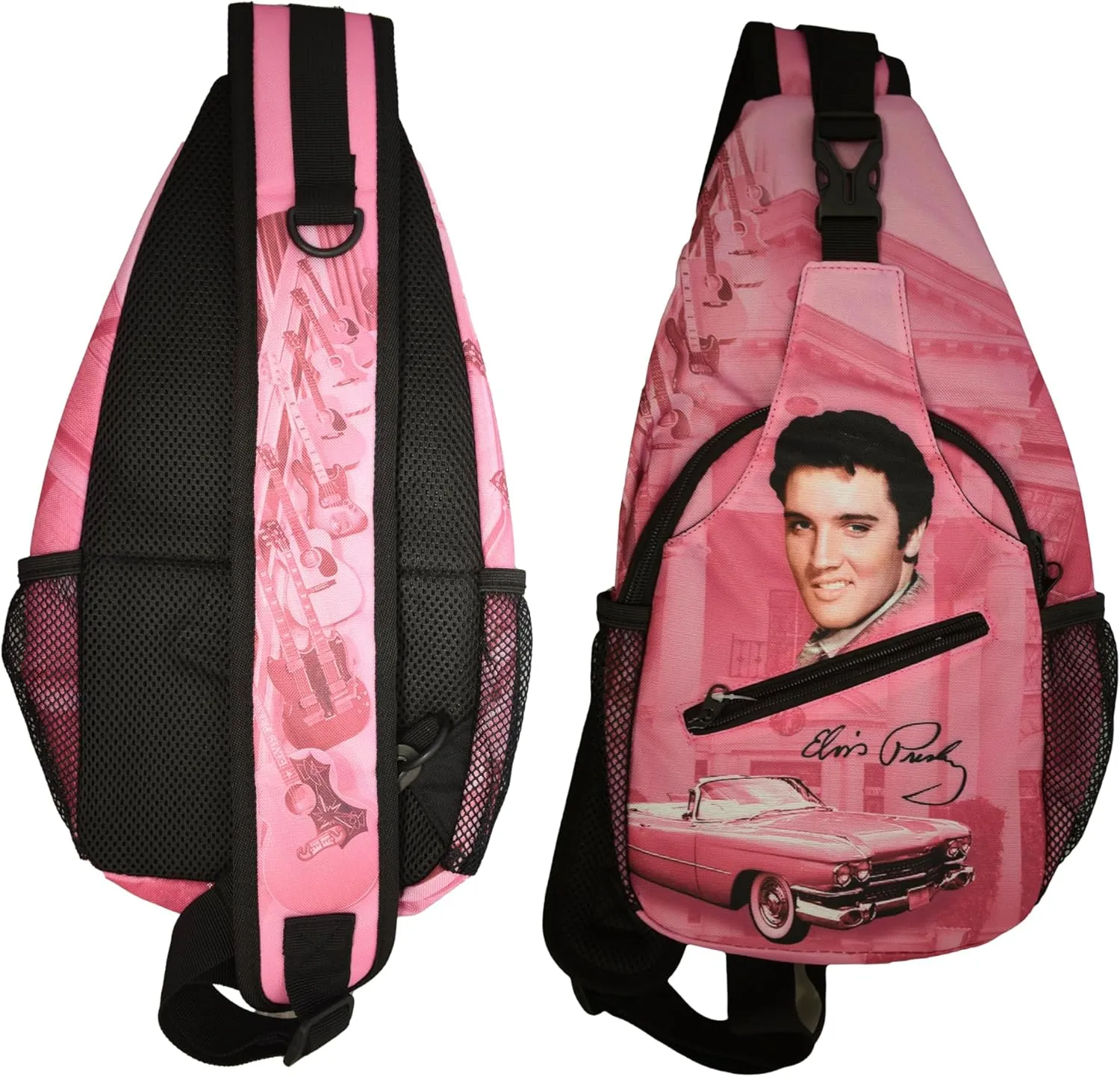 Mid-South Products Elvis Presley Sling Bag - Pink with Guitars and Mansion