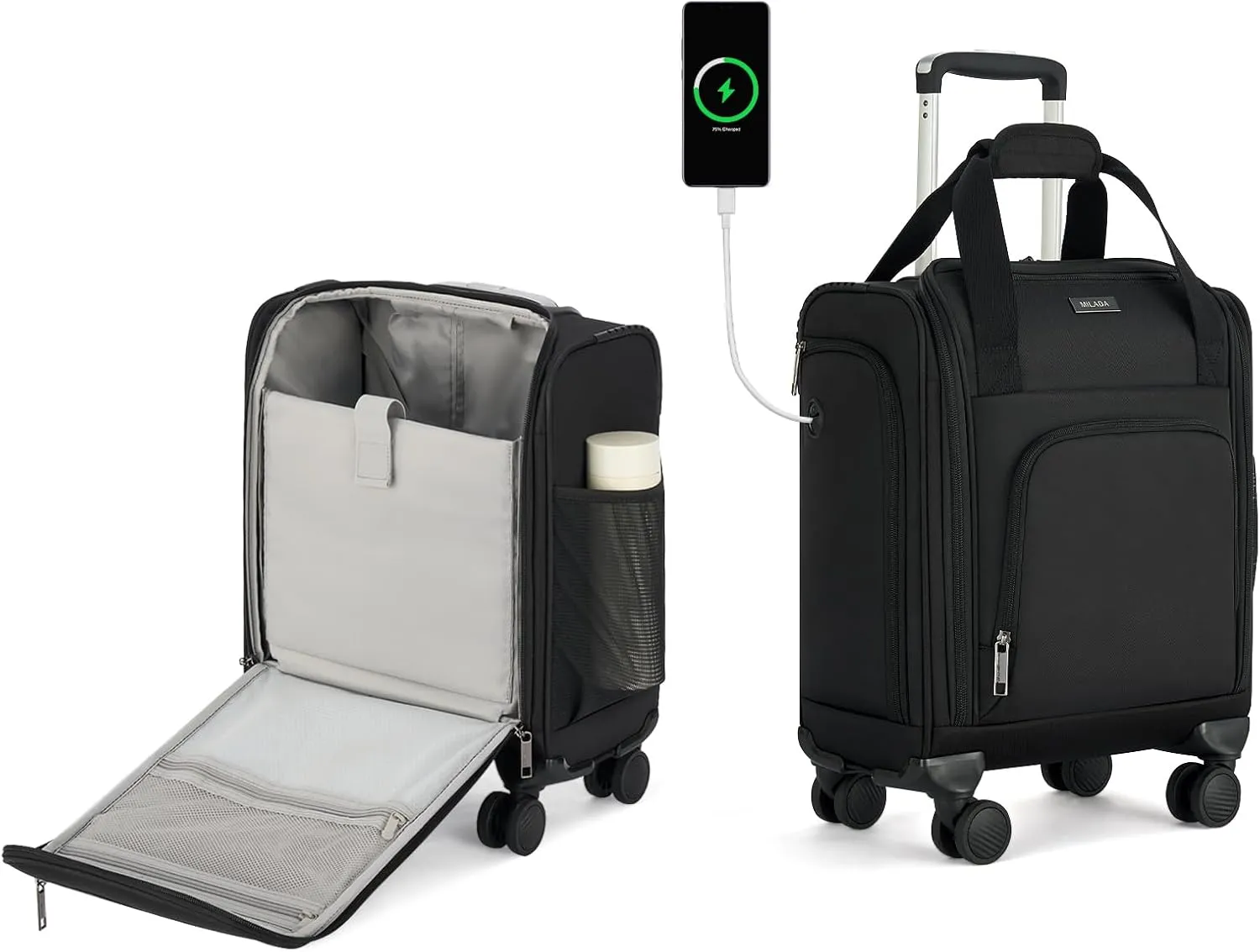 MILADA Carry On Luggage Airline Approved 16 Inch Underseat Small Suitcases with Wheels Softside Travel Luggage Carry On Mini Suitcase for Men Women Short Business and Travel,Black