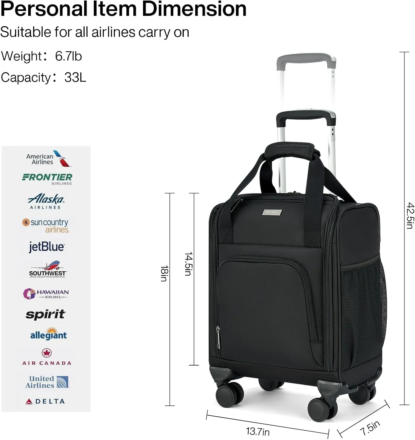 MILADA Carry On Luggage Airline Approved 16 Inch Underseat Small Suitcases with Wheels Softside Travel Luggage Carry On Mini Suitcase for Men Women Short Business and Travel,Black