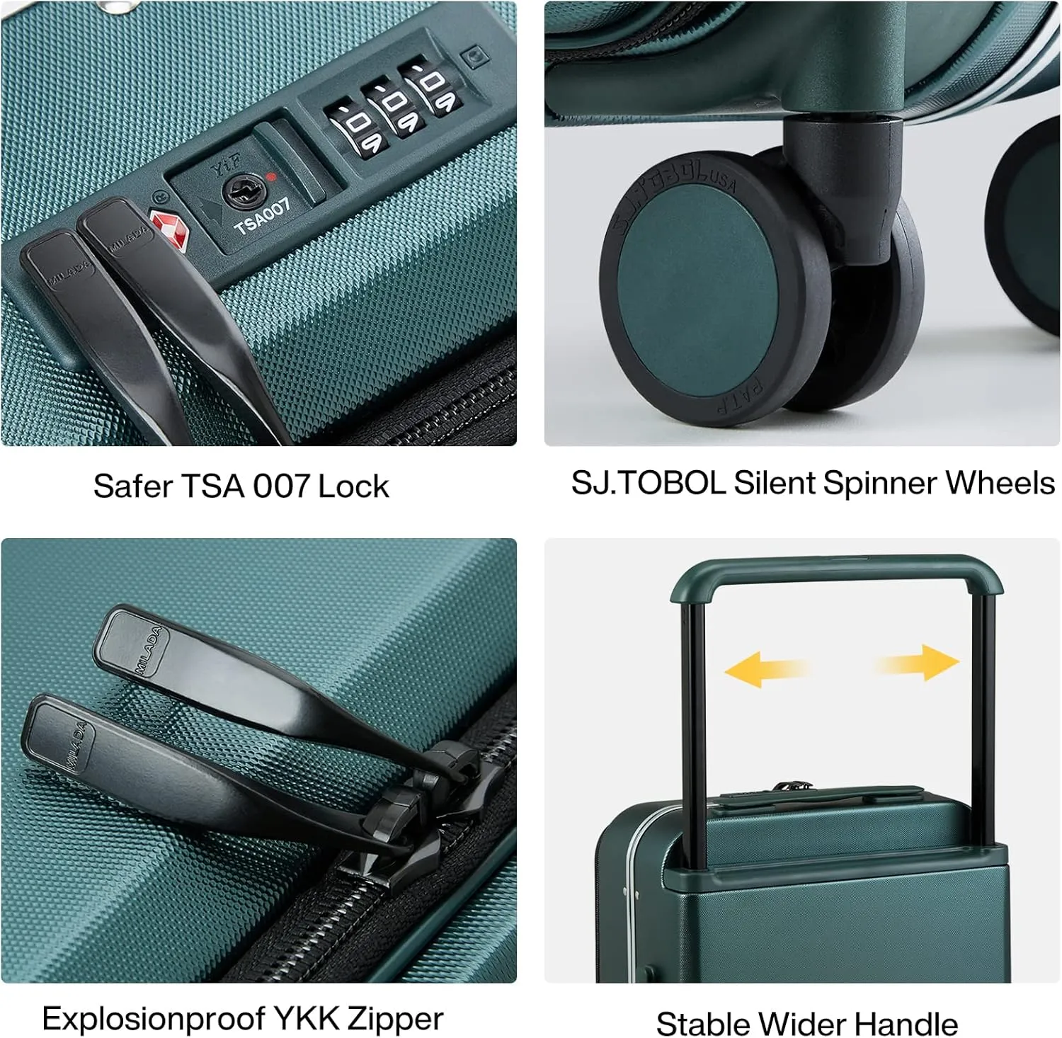 MILADA Checked Luggage with Spinner Wheels Hard Shell Suitcases Front Opening Pocket 24 Inch Medium Size Wide Handle Suitcases TSA Approved Luggage Rolling Luggage, Blackish Green
