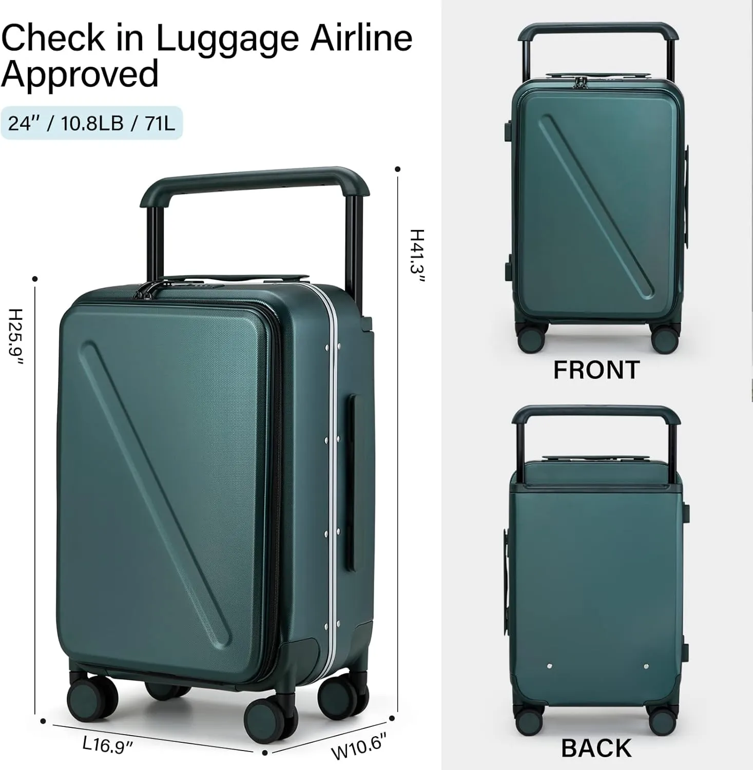 MILADA Checked Luggage with Spinner Wheels Hard Shell Suitcases Front Opening Pocket 24 Inch Medium Size Wide Handle Suitcases TSA Approved Luggage Rolling Luggage, Blackish Green
