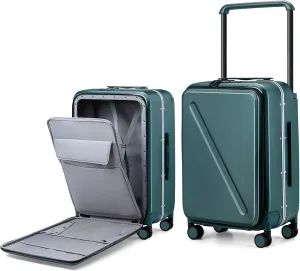 MILADA Checked Luggage with Spinner Wheels Hard Shell Suitcases Front Opening Pocket 24 Inch Medium Size Wide Handle Suitcases TSA Approved Luggage Rolling Luggage, Blackish Green