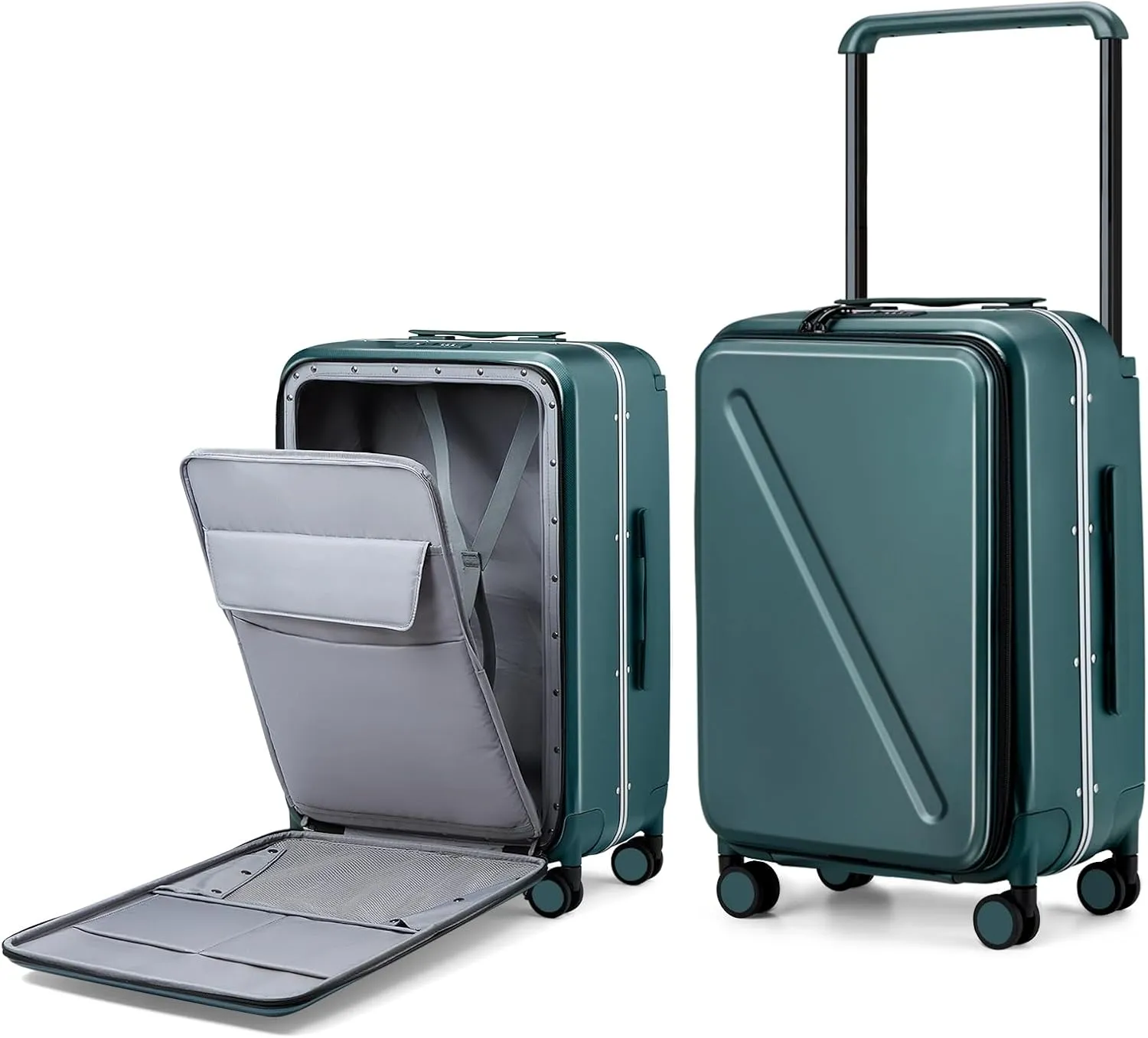 MILADA Checked Luggage with Spinner Wheels Hard Shell Suitcases Front Opening Pocket 24 Inch Medium Size Wide Handle Suitcases TSA Approved Luggage Rolling Luggage, Blackish Green