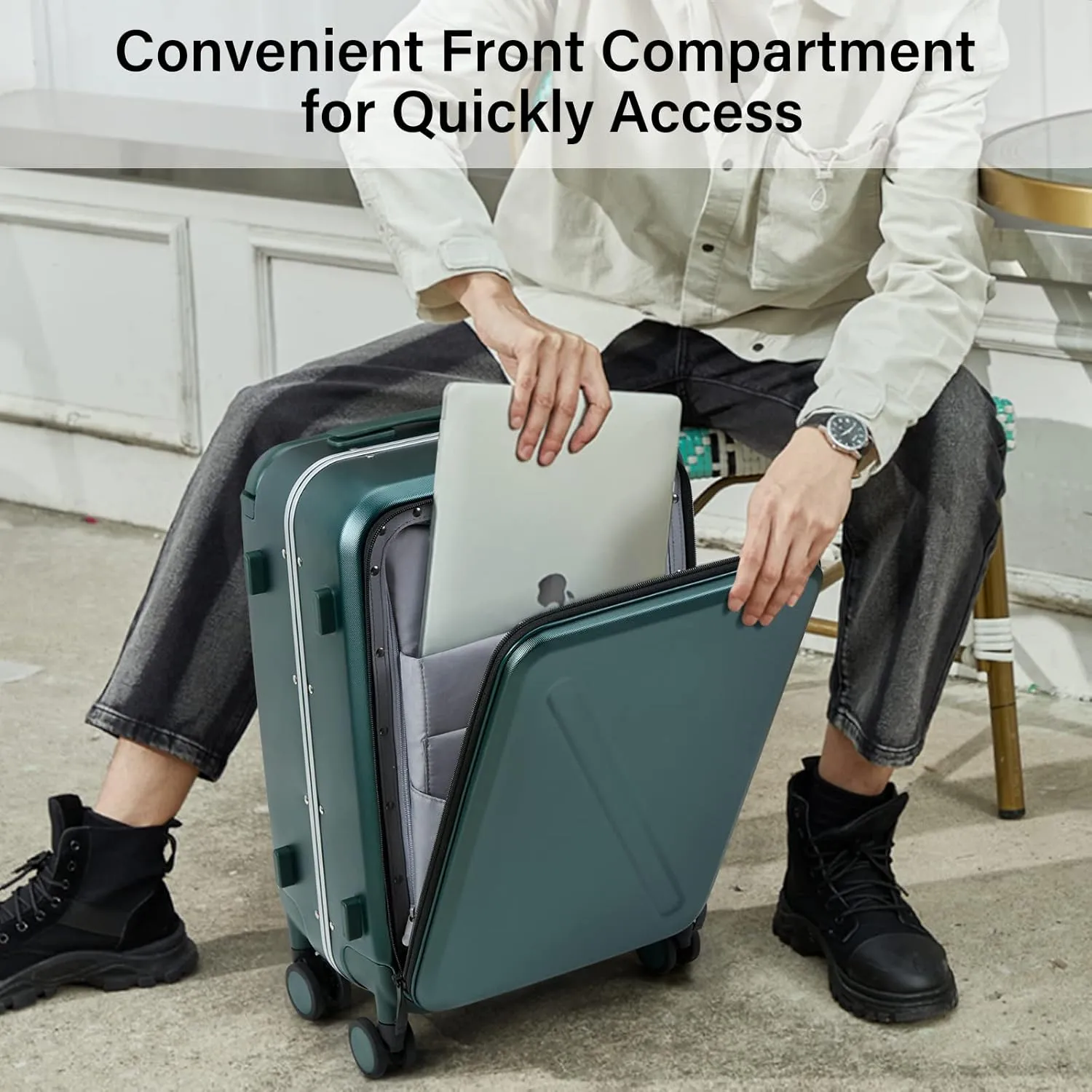 MILADA Checked Luggage with Spinner Wheels Hard Shell Suitcases Front Opening Pocket 24 Inch Medium Size Wide Handle Suitcases TSA Approved Luggage Rolling Luggage, Blackish Green