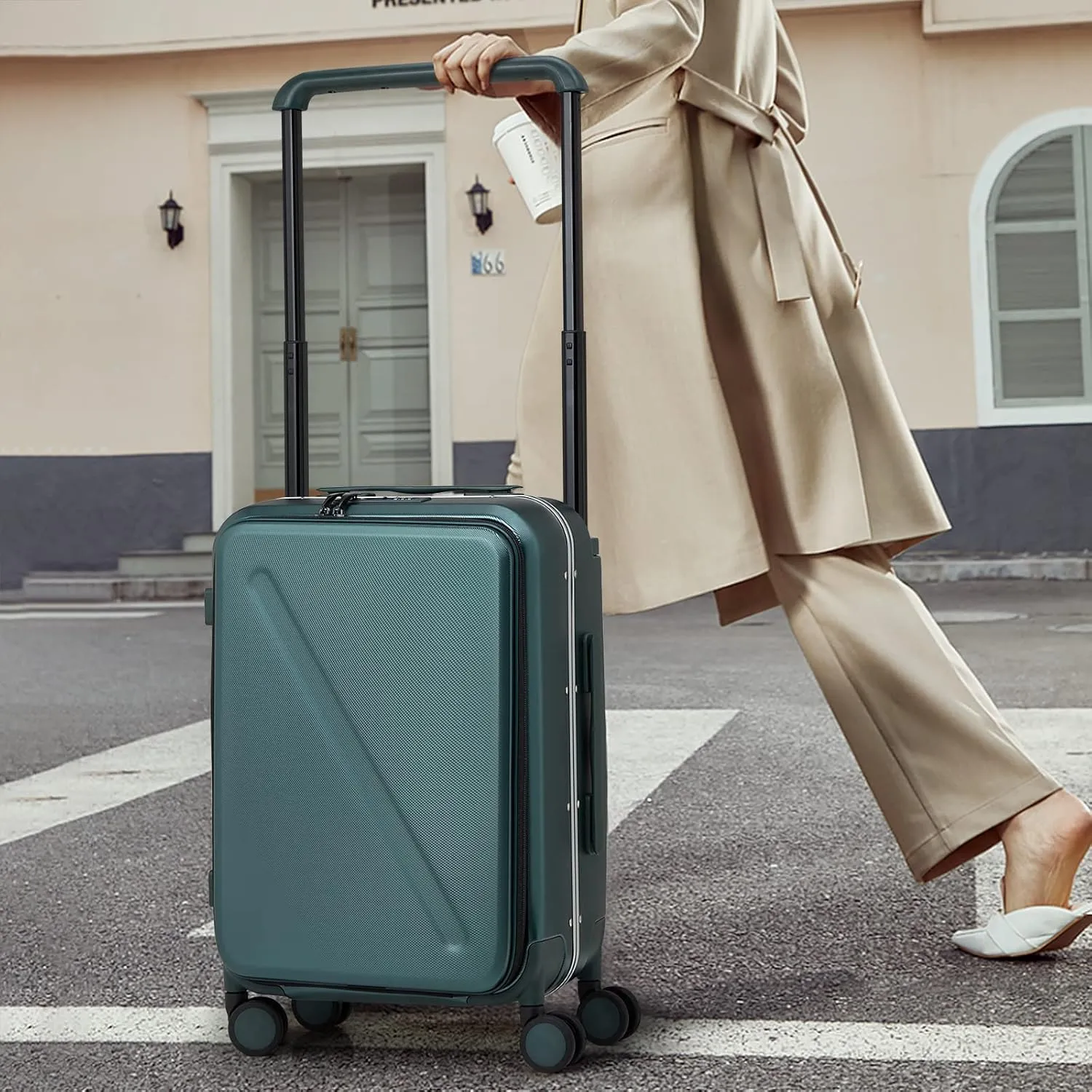 MILADA Checked Luggage with Spinner Wheels Hard Shell Suitcases Front Opening Pocket 24 Inch Medium Size Wide Handle Suitcases TSA Approved Luggage Rolling Luggage, Blackish Green