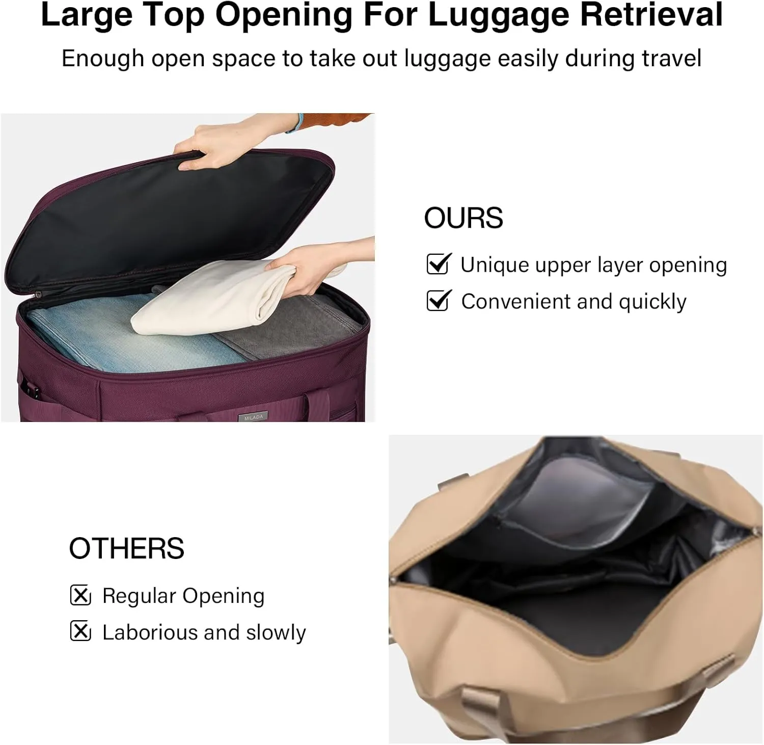 MILADA Travel Luggage Bag Suitcases with Wheels Expandable Foldable Collapsible Rolling Duffle Bag Large Suitcase for Men Women without Telescoping Handle,Purple