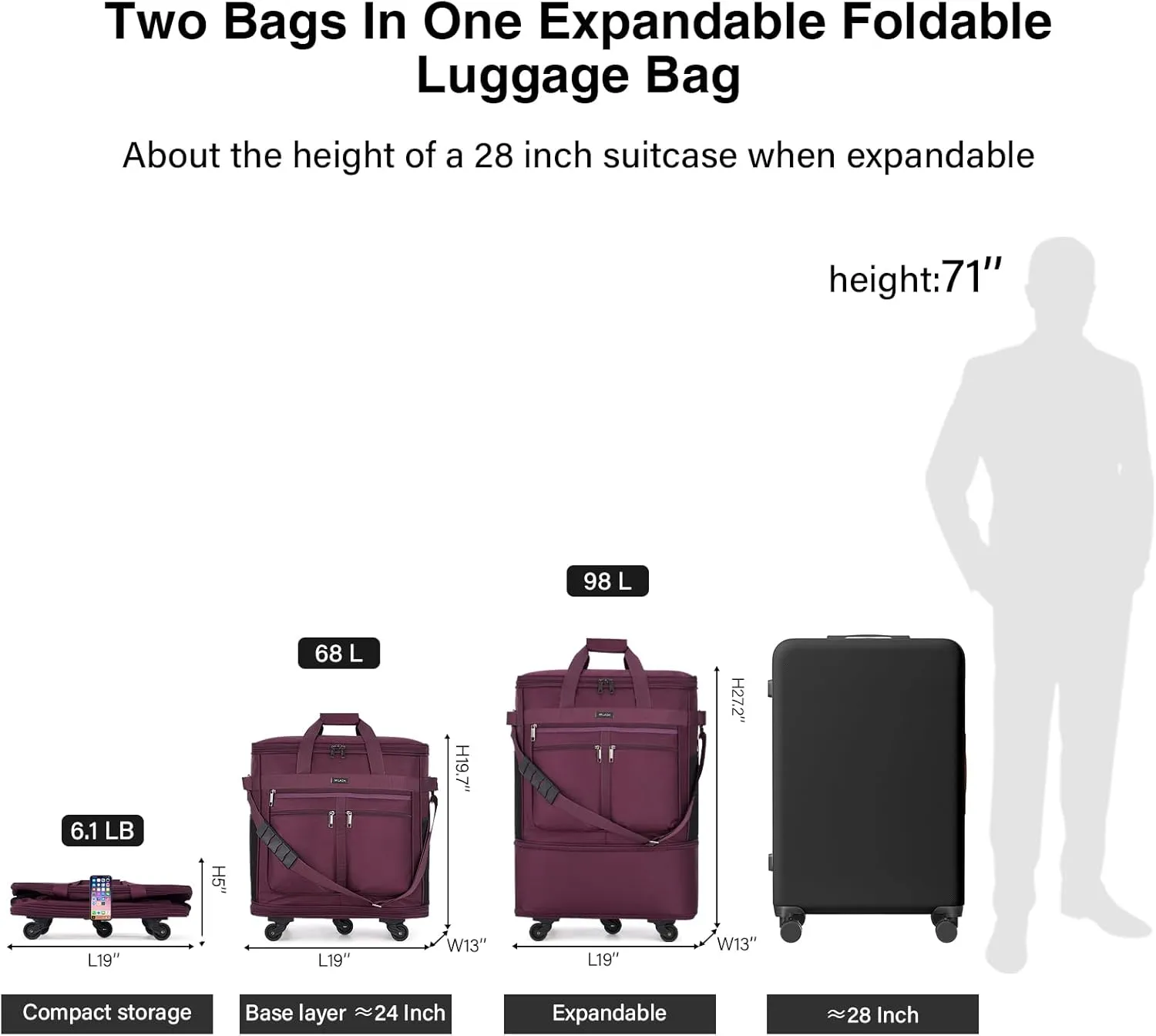 MILADA Travel Luggage Bag Suitcases with Wheels Expandable Foldable Collapsible Rolling Duffle Bag Large Suitcase for Men Women without Telescoping Handle,Purple