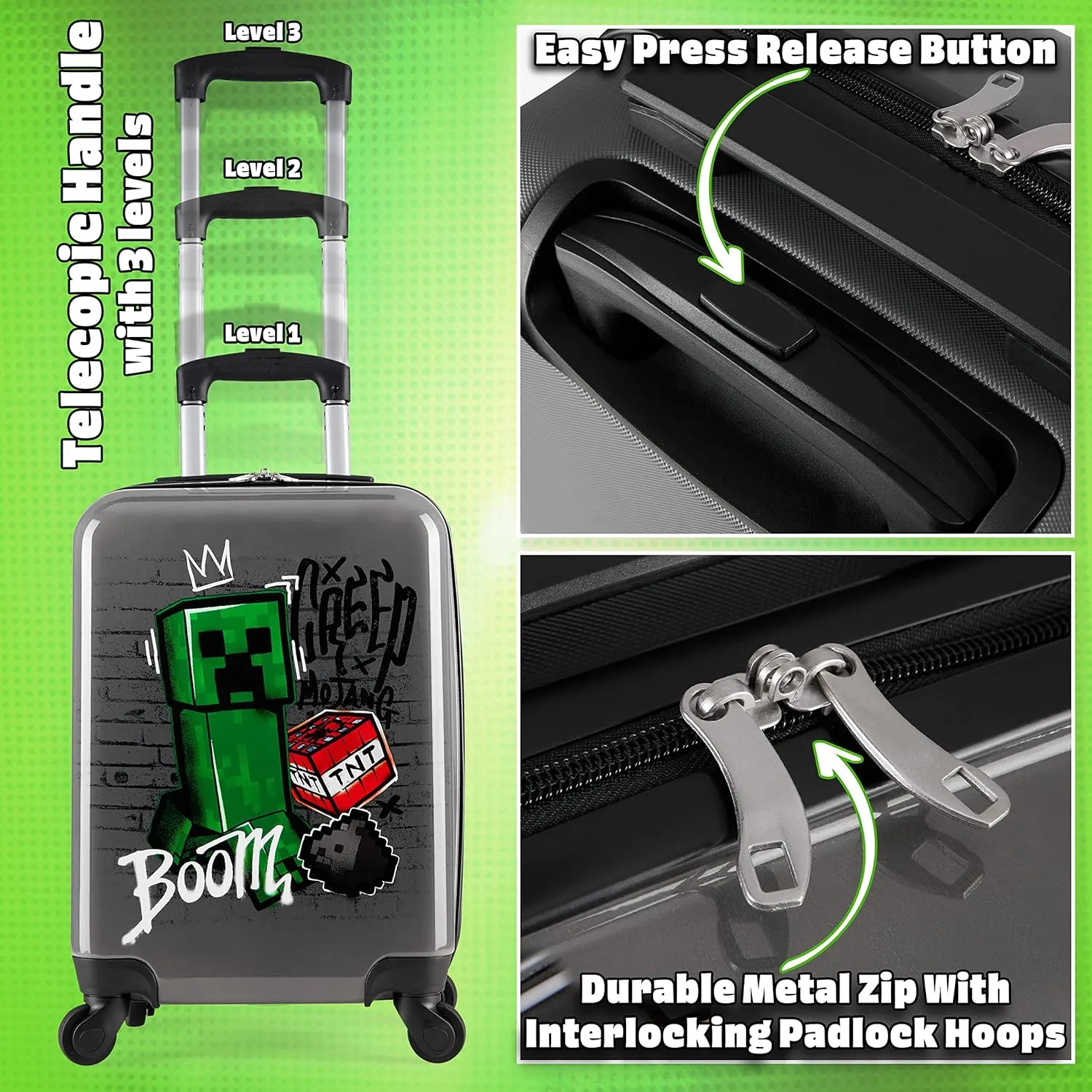 Minecraft Suitcase for Kids Teens Creeper Hard Shell Luggage Rolling Suitcase 4 Wheels & Extendable Handle Travel Essentials for Vacations Trips (Medium Grey, 19.29” - 30L)