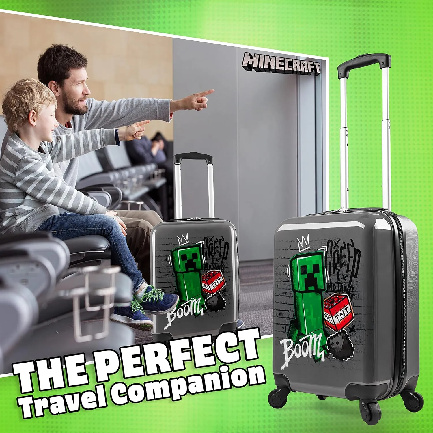 Minecraft Suitcase for Kids Teens Creeper Hard Shell Luggage Rolling Suitcase 4 Wheels & Extendable Handle Travel Essentials for Vacations Trips (Medium Grey, 19.29” - 30L)