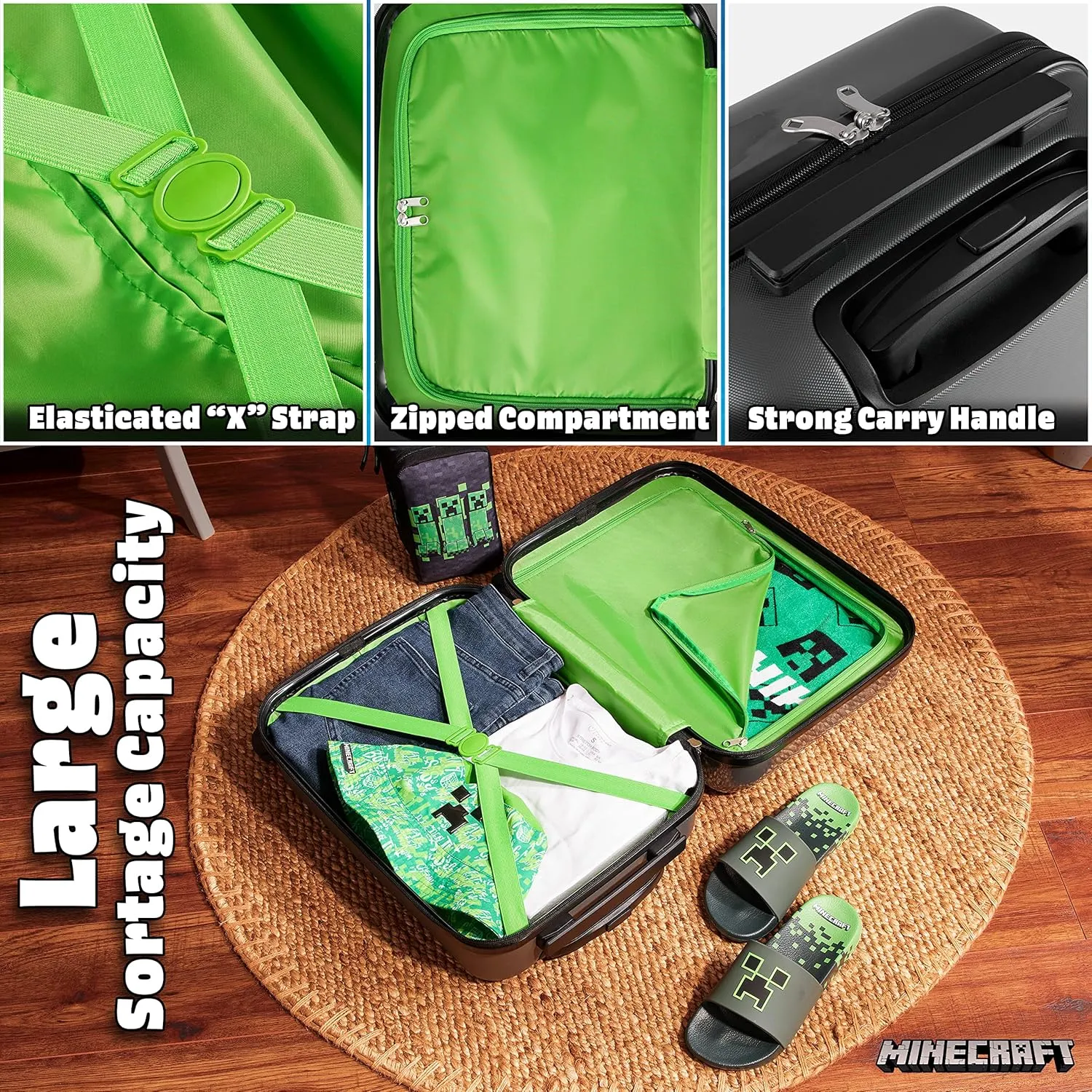 Minecraft Suitcase for Kids Teens Creeper Hard Shell Luggage Rolling Suitcase 4 Wheels & Extendable Handle Travel Essentials for Vacations Trips (Medium Grey, 19.29” - 30L)