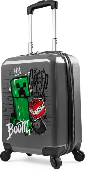 Minecraft Suitcase for Kids Teens Creeper Hard Shell Luggage Rolling Suitcase 4 Wheels & Extendable Handle Travel Essentials for Vacations Trips (Medium Grey, 19.29” - 30L)