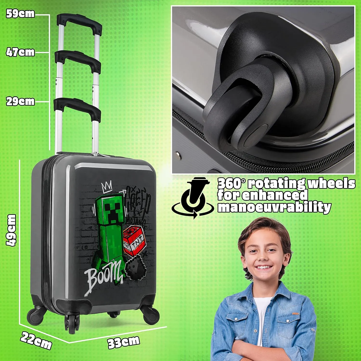 Minecraft Suitcase for Kids Teens Creeper Hard Shell Luggage Rolling Suitcase 4 Wheels & Extendable Handle Travel Essentials for Vacations Trips (Medium Grey, 19.29” - 30L)