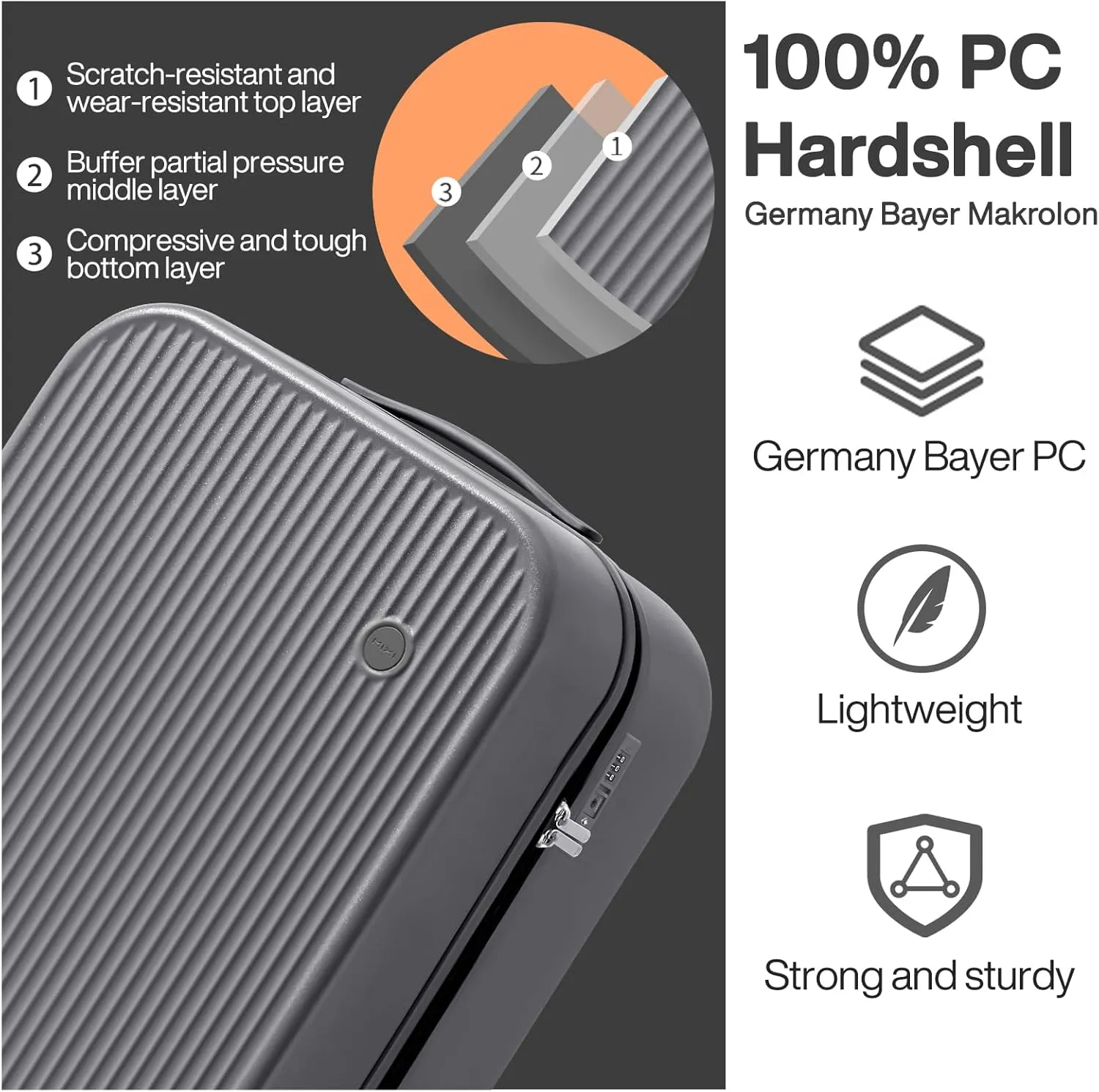 mixi 24 Inch Checked Luggage PC Hardshell Suitcases with Wheels for Travel Woman Men, Rock Gray