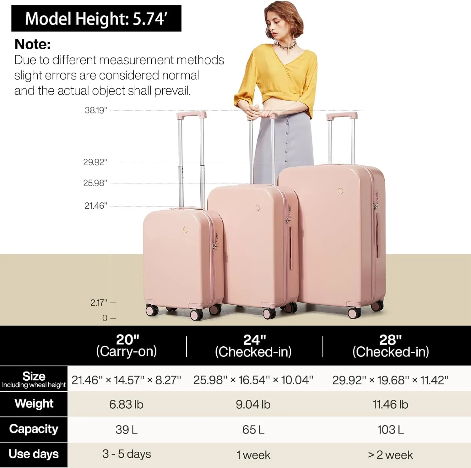 mixi Carry on Luggage, 20'' Suitcase Spinner Wheels Luggage Hardshell Lightweight Rolling Suitcases PC with Cover & TSA Lock for Business Travel, Pink