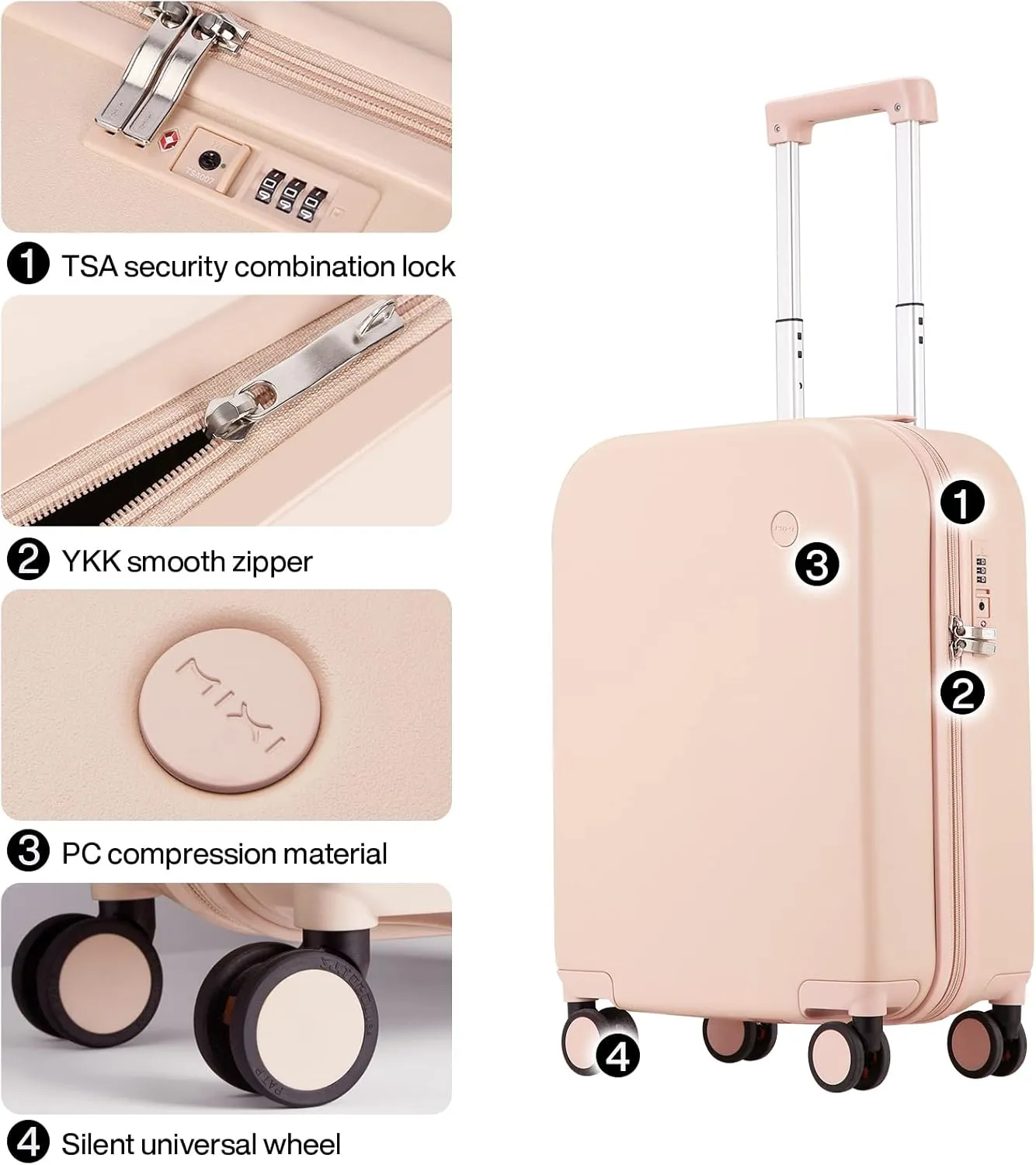 mixi Carry on Luggage, 20'' Suitcase Spinner Wheels Luggage Hardshell Lightweight Rolling Suitcases PC with Cover & TSA Lock for Business Travel, Pink