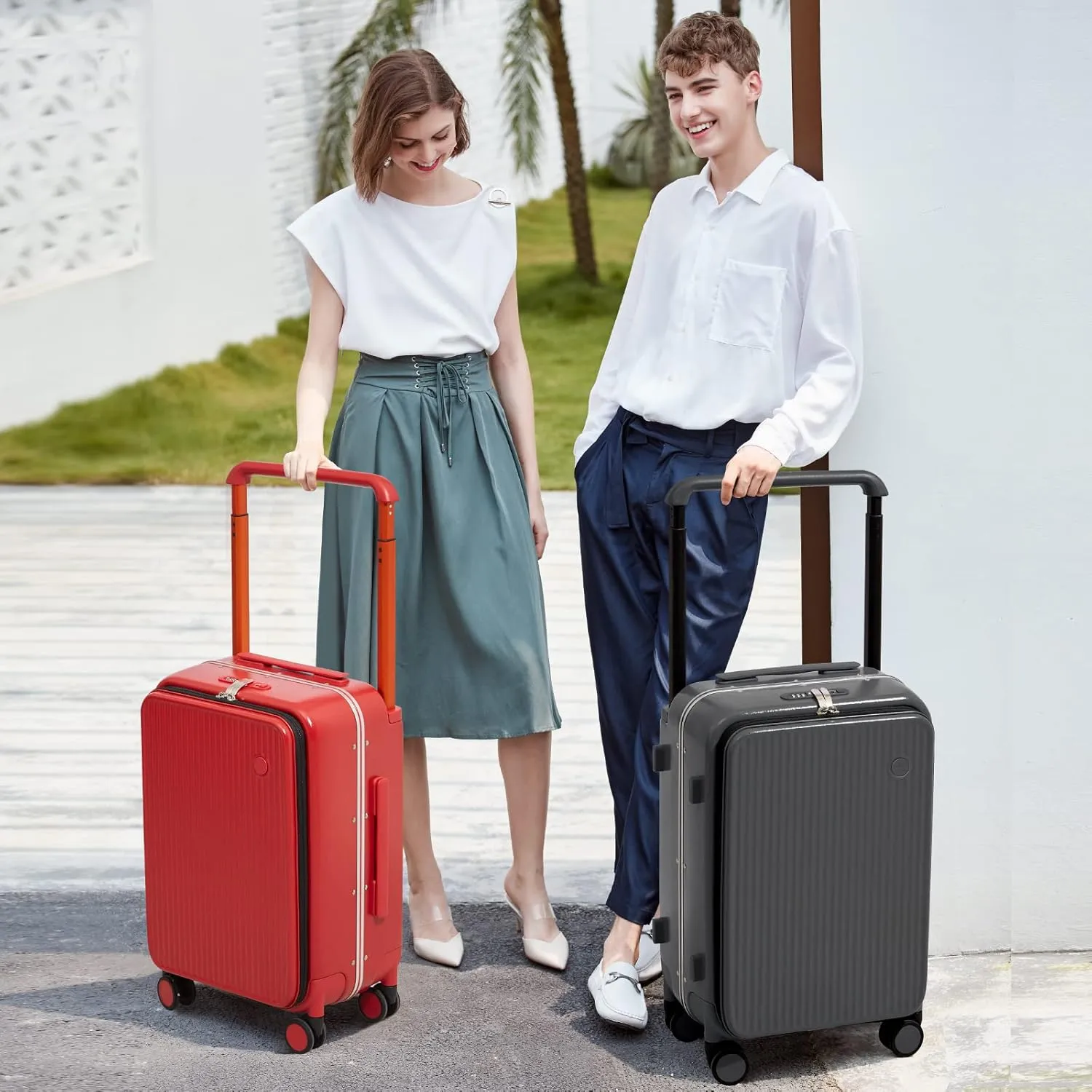 mixi Carry On Luggage 20'' Suitcase with Front Laptop Pocket, Wide Handle Rolling Travel Suitcases PC Hardshell with Aluminum Frame Spinner Wheels & TSA Lock, Carry-On Luggage(Red)