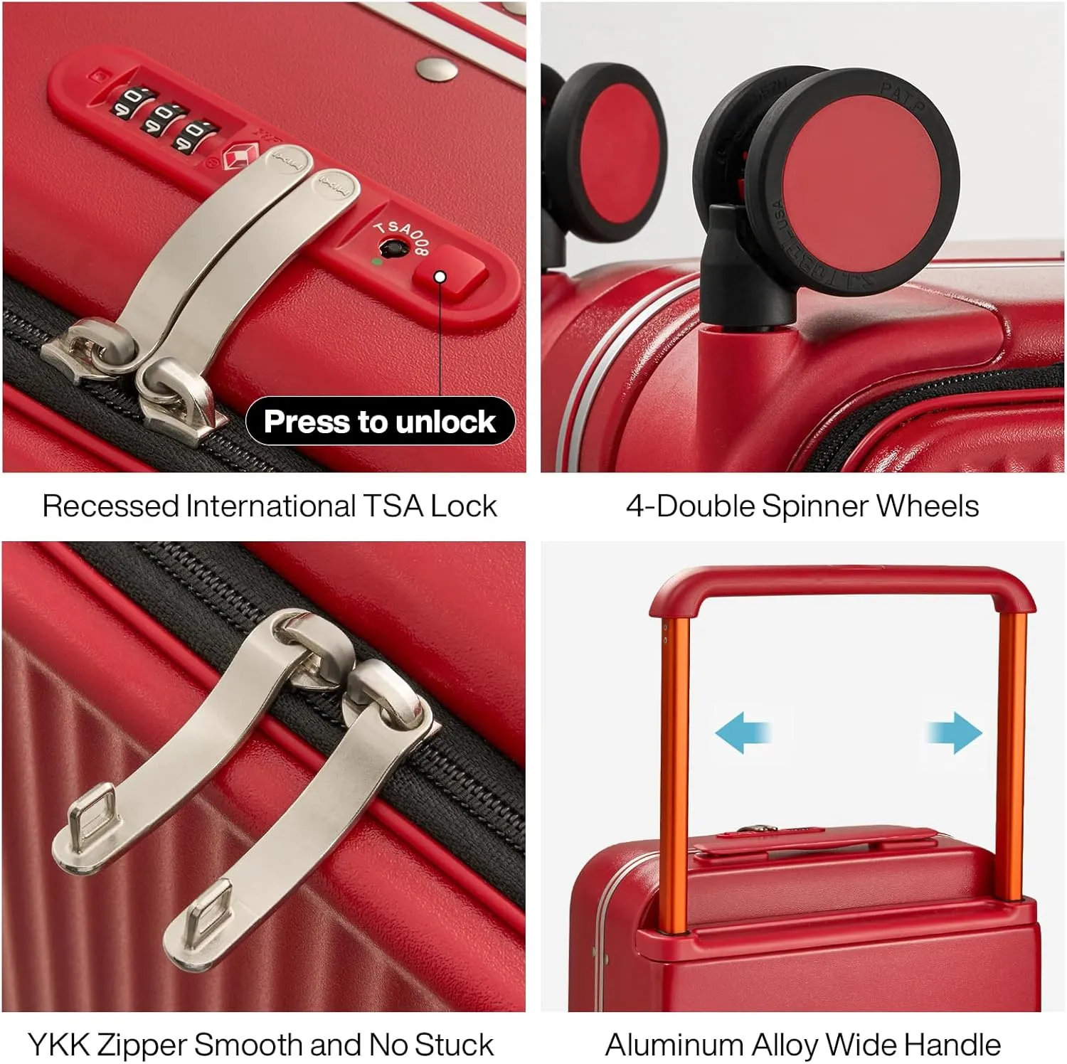 mixi Carry On Luggage 20'' Suitcase with Front Laptop Pocket, Wide Handle Rolling Travel Suitcases PC Hardshell with Aluminum Frame Spinner Wheels & TSA Lock, Carry-On Luggage(Red)