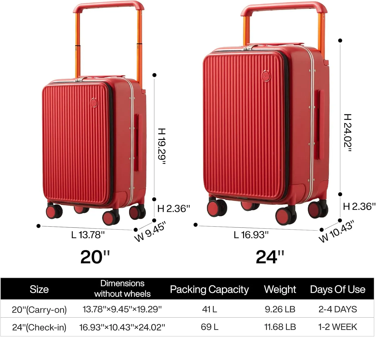 mixi Carry On Luggage 20'' Suitcase with Front Laptop Pocket, Wide Handle Rolling Travel Suitcases PC Hardshell with Aluminum Frame Spinner Wheels & TSA Lock, Carry-On Luggage(Red)