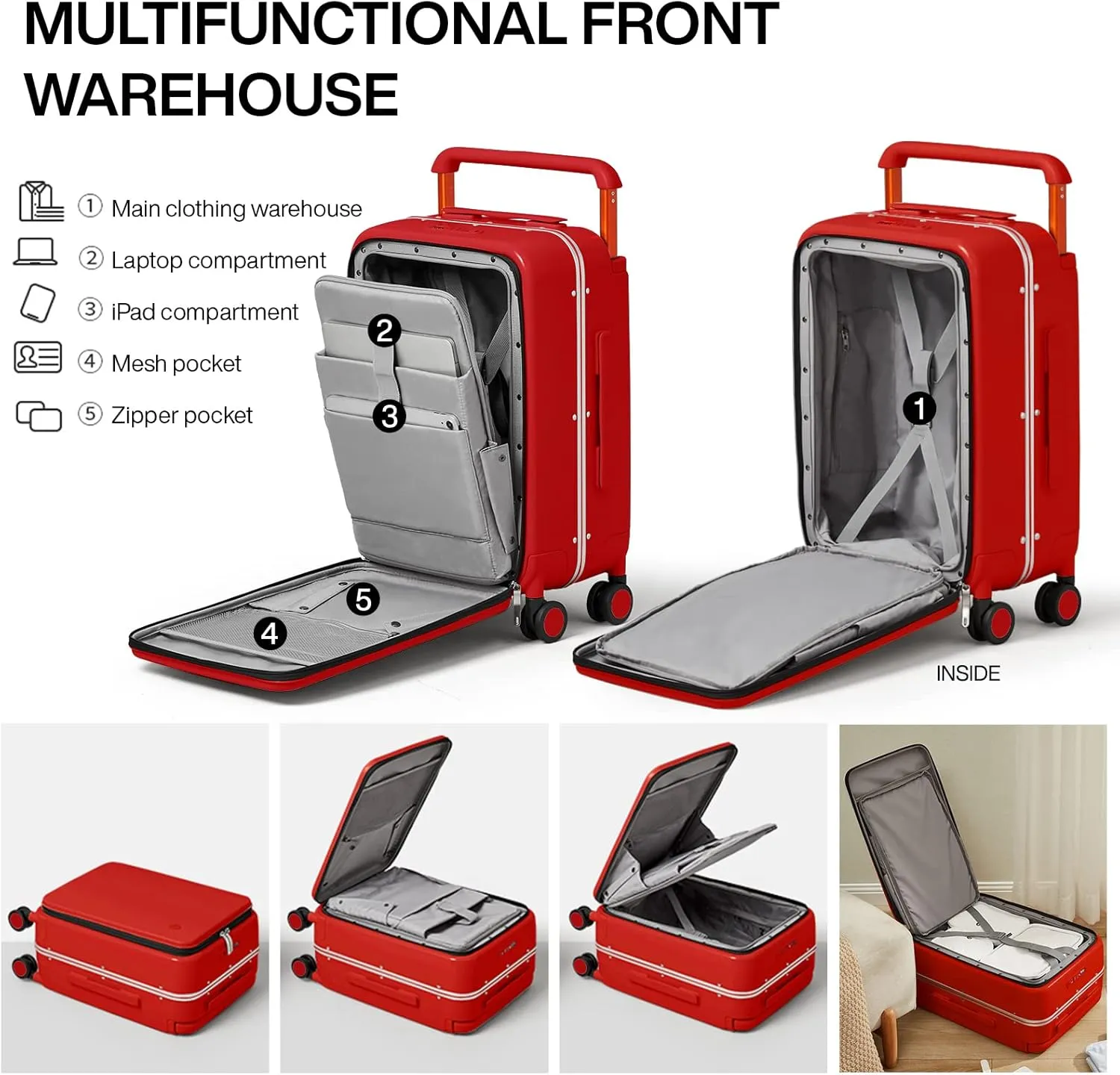mixi Carry On Luggage 20'' Suitcase with Front Laptop Pocket, Wide Handle Rolling Travel Suitcases PC Hardshell with Aluminum Frame Spinner Wheels & TSA Lock, Carry-On Luggage(Red)