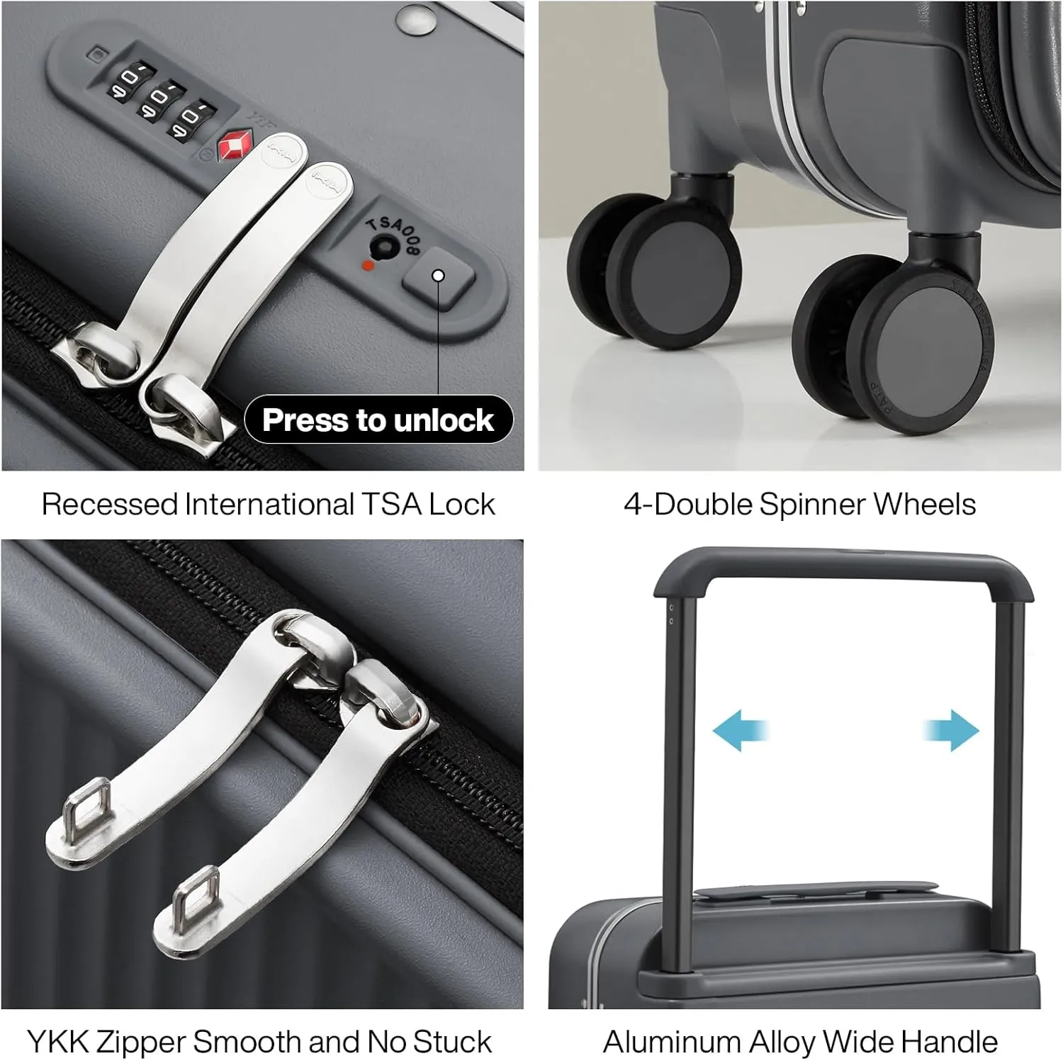 mixi Carry On Luggage 20'' Suitcase with Front Laptop Pocket, Wide Handle Rolling Travel Suitcases PC Hardshell with Aluminum Frame Spinner Wheels & TSA Lock, Carry-On Luggage(Rock Grey)