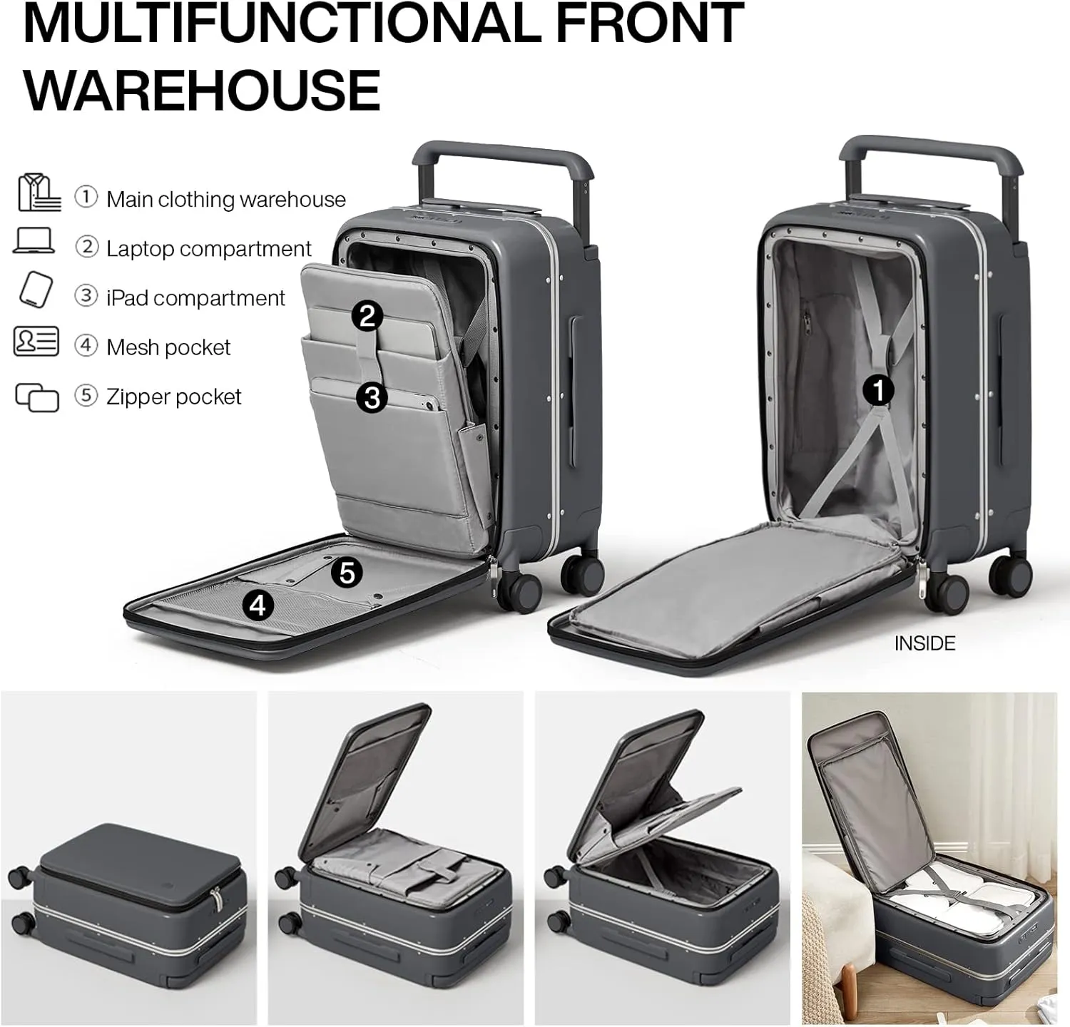mixi Carry On Luggage 20'' Suitcase with Front Laptop Pocket, Wide Handle Rolling Travel Suitcases PC Hardshell with Aluminum Frame Spinner Wheels & TSA Lock, Carry-On Luggage(Rock Grey)
