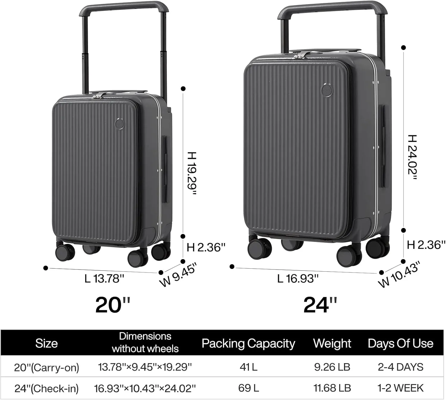 mixi Carry On Luggage 20'' Suitcase with Front Laptop Pocket, Wide Handle Rolling Travel Suitcases PC Hardshell with Aluminum Frame Spinner Wheels & TSA Lock, Carry-On Luggage(Rock Grey)