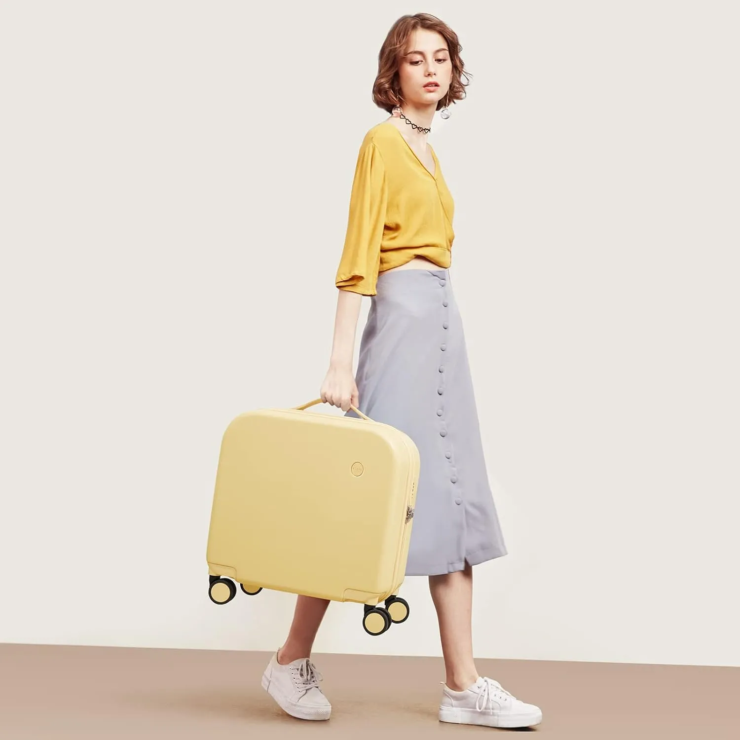 mixi Carry on Luggage, Suitcase with Spinner Wheels 16in Luggage Hardshell Lightweight Rolling Suitcases PC with Cover & TSA Lock, Lark Yellow