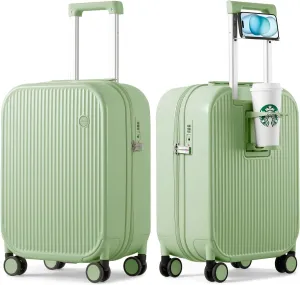 mixi Carry On Luggage with Cup Phone Holder Hard Shell Rolling Travel Suitcases with Spinner Wheels,20 Inch Avocado Green