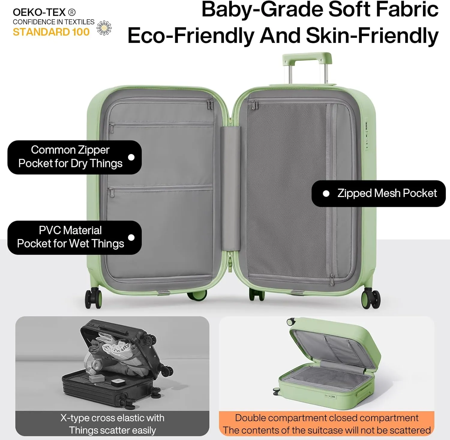 mixi Carry On Luggage with Cup Phone Holder Hard Shell Rolling Travel Suitcases with Spinner Wheels,20 Inch Avocado Green