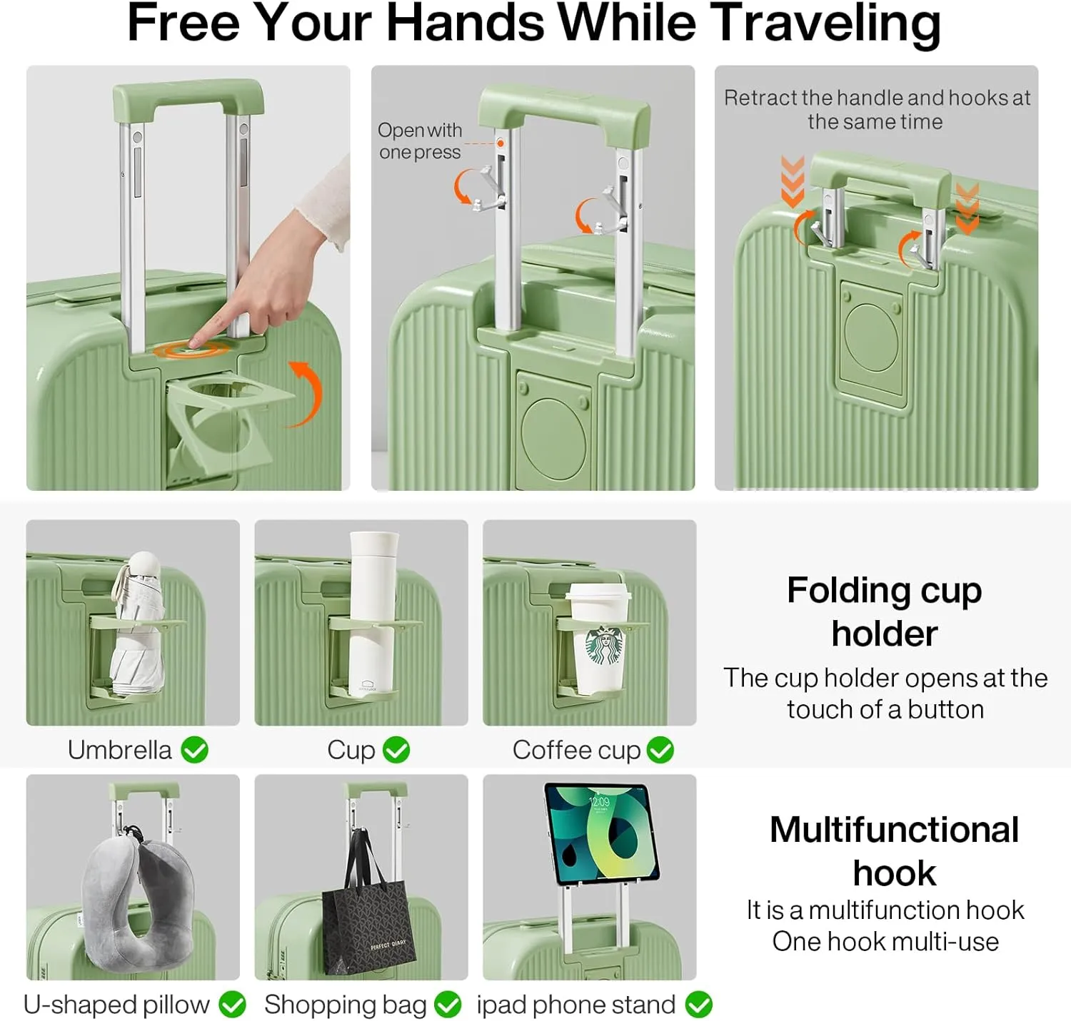 mixi Carry On Luggage with Cup Phone Holder Hard Shell Rolling Travel Suitcases with Spinner Wheels,20 Inch Avocado Green